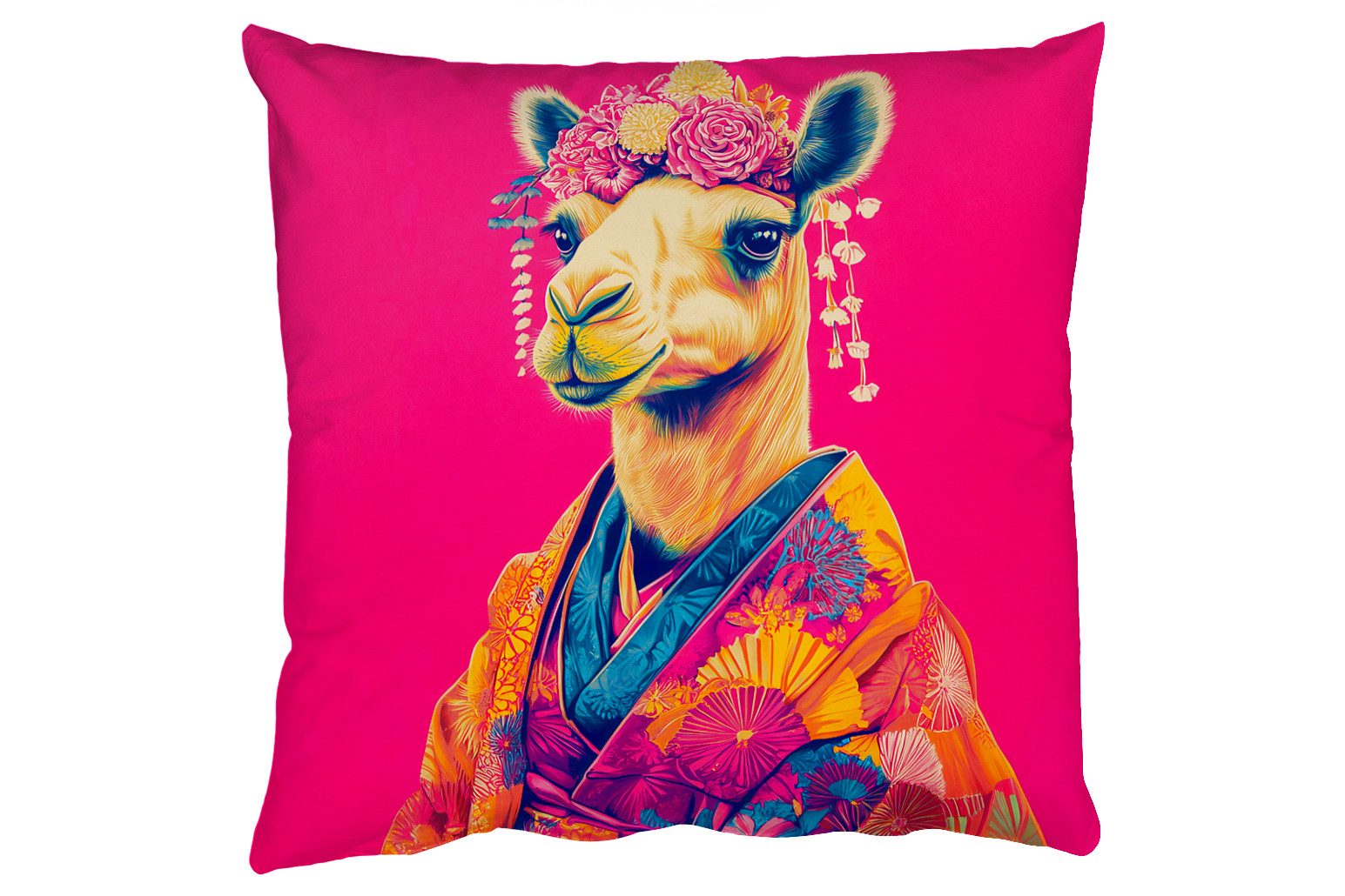 MuchoWow Dekokissen Kamel - Blumen - Kimono - Fächer, Zierkissen, Deko Kissen mit Füllung, Sofakissen, 60x60 cm