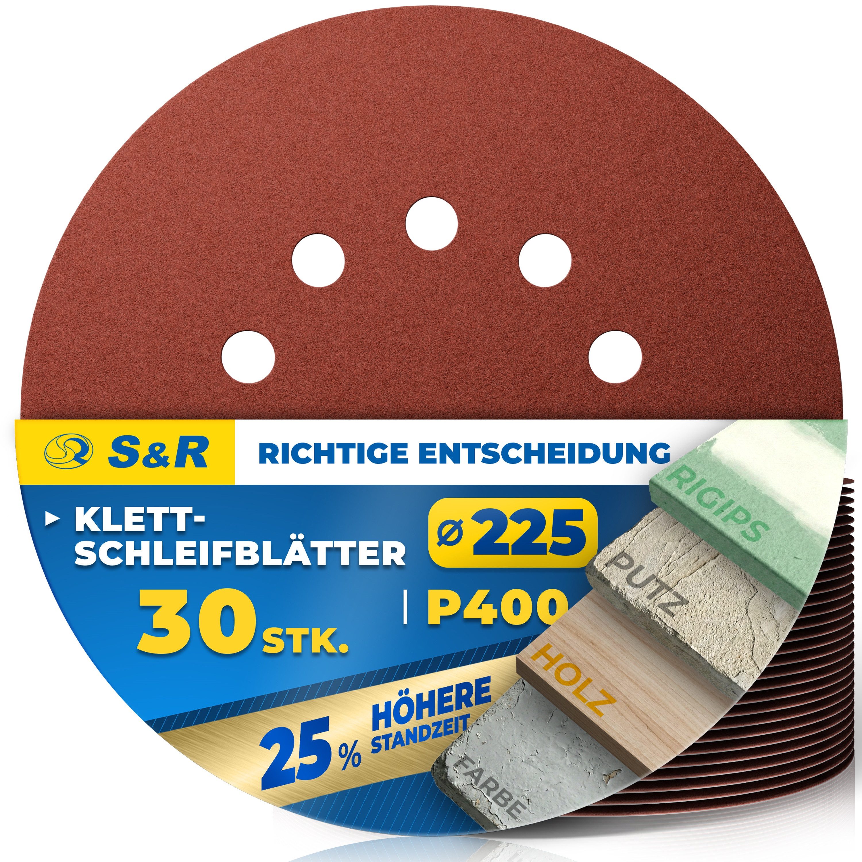 S&R Schleifpapier S&R Schleifpapier 225mm Klett P400, 10 Loch, Schleifgiraffe, 30-tlg, (Set, 10 St), für Exzenterschleifer & Langhalsschleifer für Wand, Decke, Gipskarton