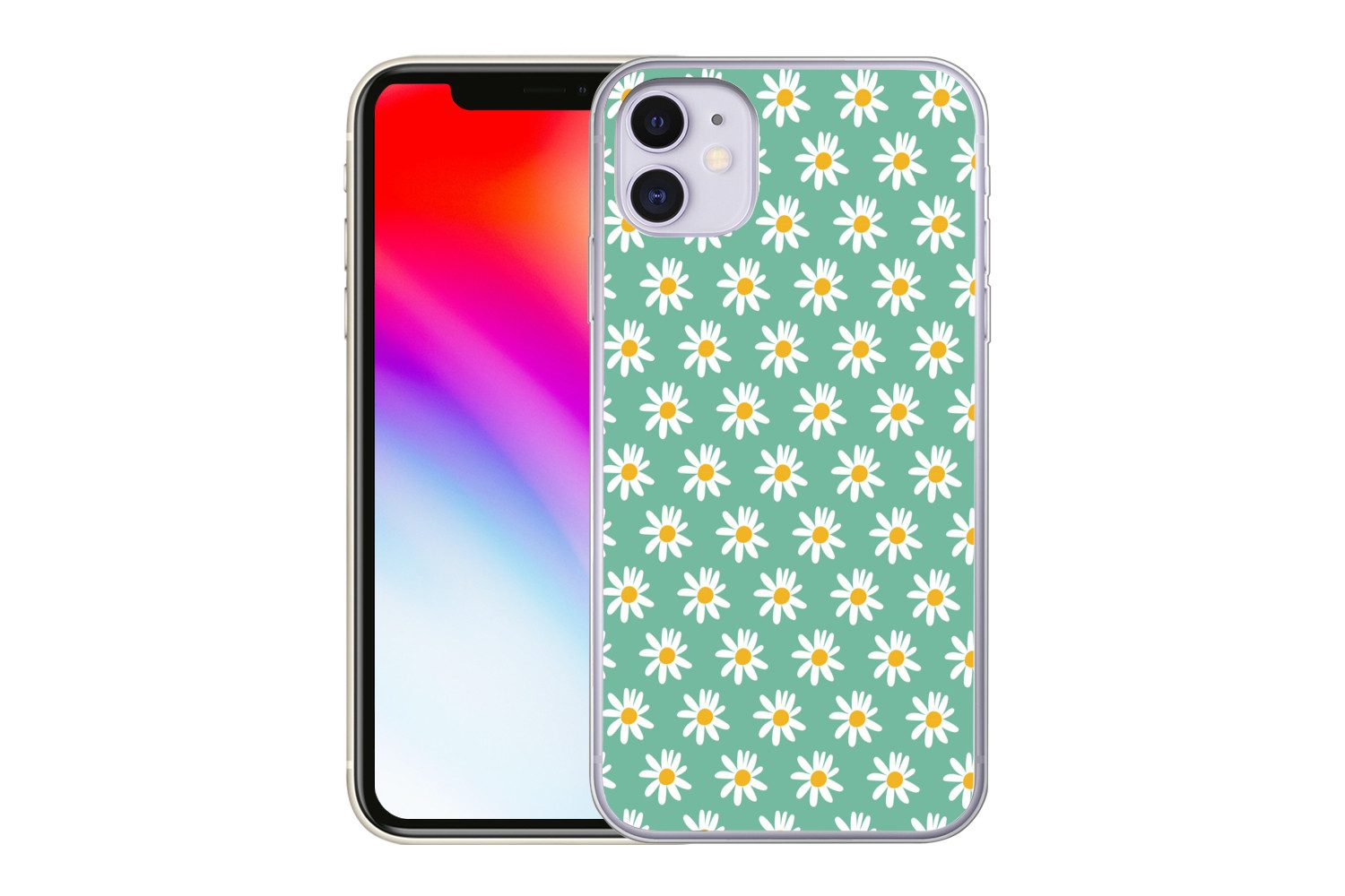 MuchoWow Handyhülle für Apple iPhone 11 Gänseblümchen - Muster - Grün - Blumen, Smartphone-Bumper, Print, Handy Schutzhülle Dünn
