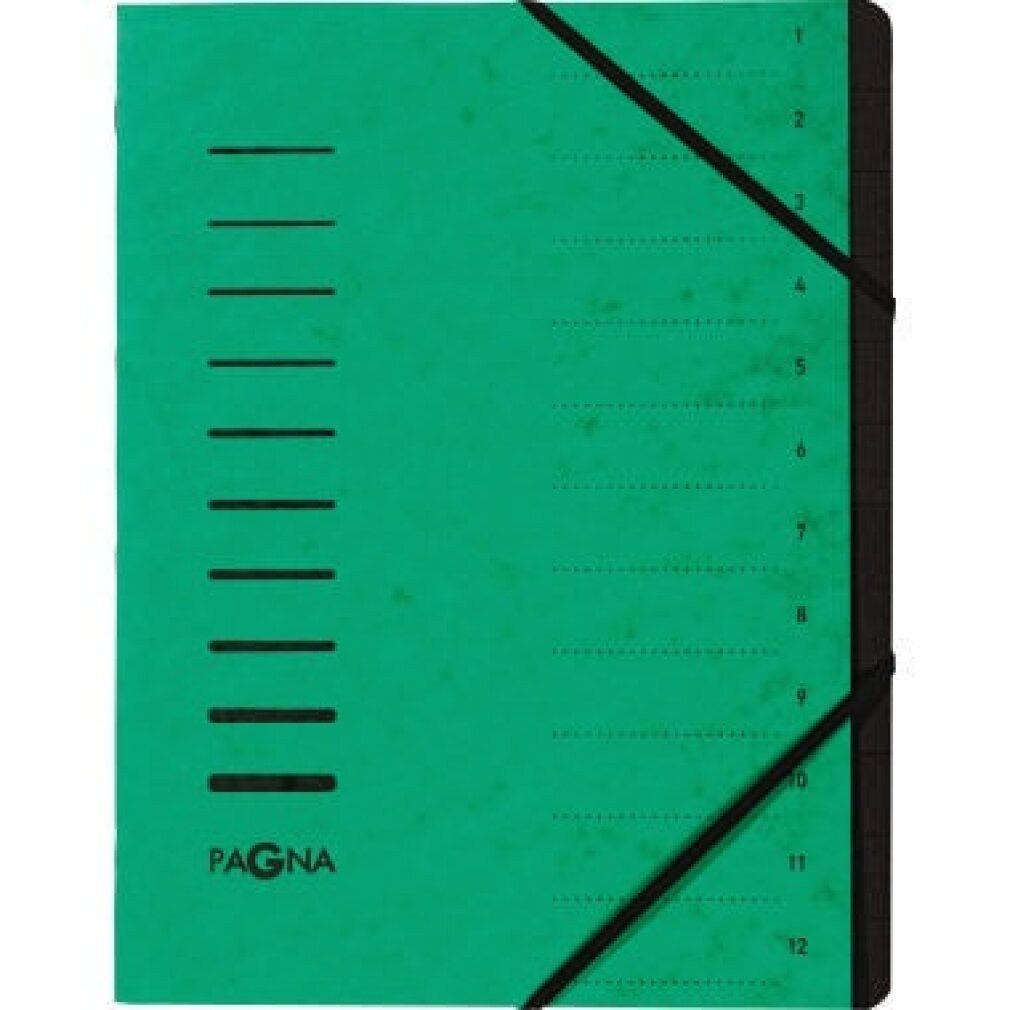 PAGNA Fächermappe Ordnungsmappe A4 12-teilig grün Aufdruck 1-12 auf dem Deckel mit Ec