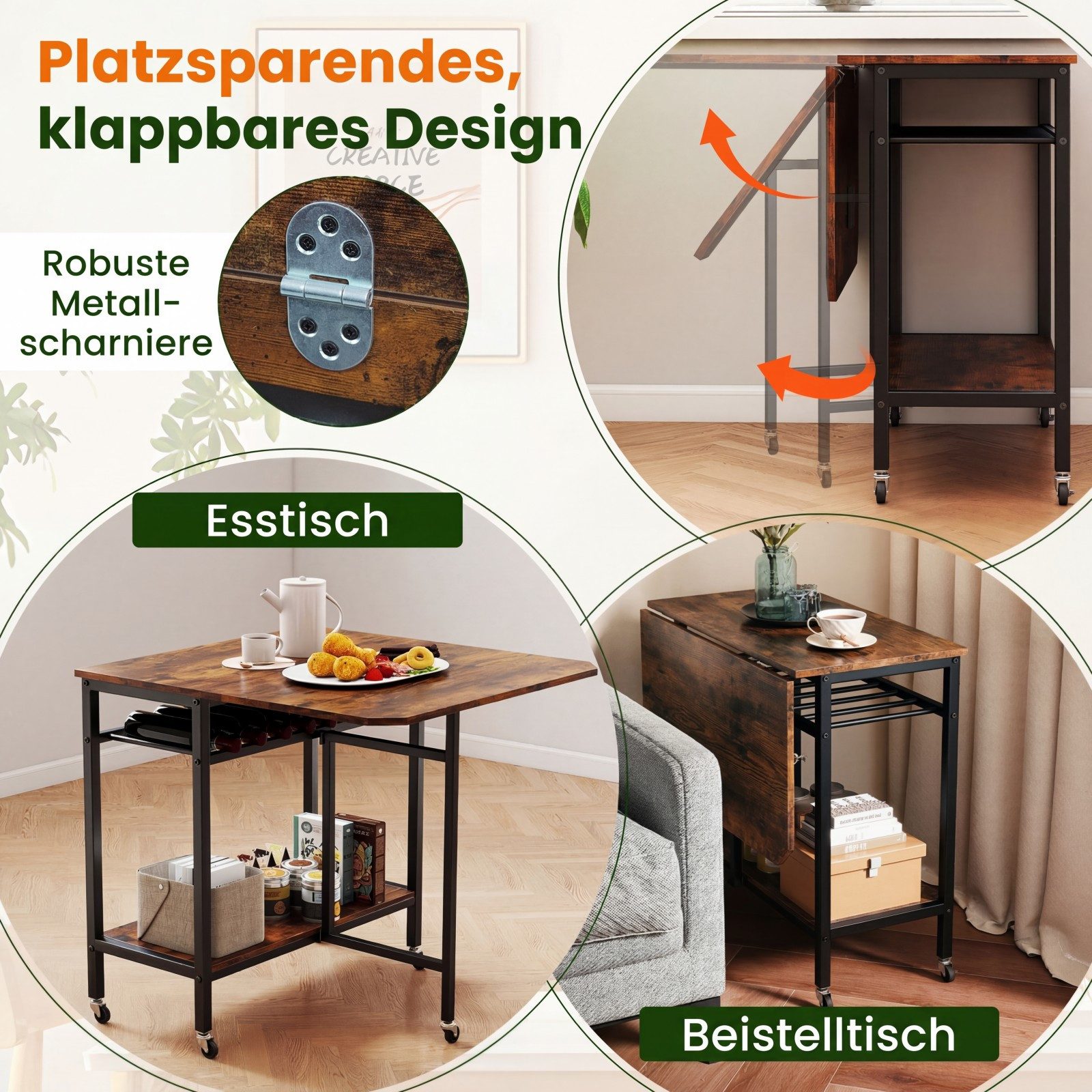 KOMFOTTEU Esstisch, Küchentisch Klapptisch mit Rollen, offenem Regal & Weinregal