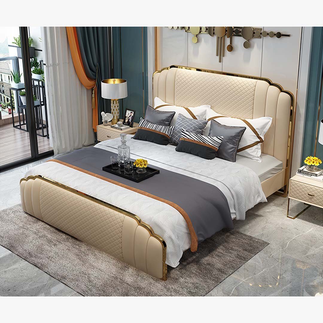 Zimmer Bett, Polster Doppel Betten Schlaf Ehe Beige Bett Hotel Design Luxus JVmoebel