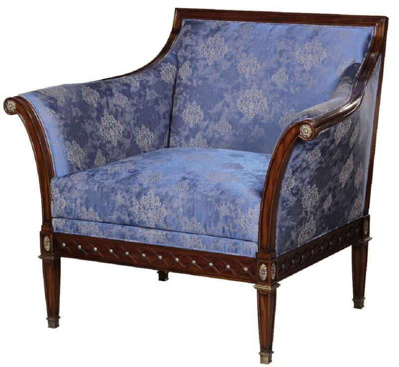 Casa Padrino Sessel Luxus Jugendstil Sessel Blau / Braun / Antik Messingfarben 112 x 89 x H. 100 cm - Edler Mahagoni Wohnzimmer Sessel mit elegantem Damastmuster - Barock & Jugendstil Wohnzimmer Möbel