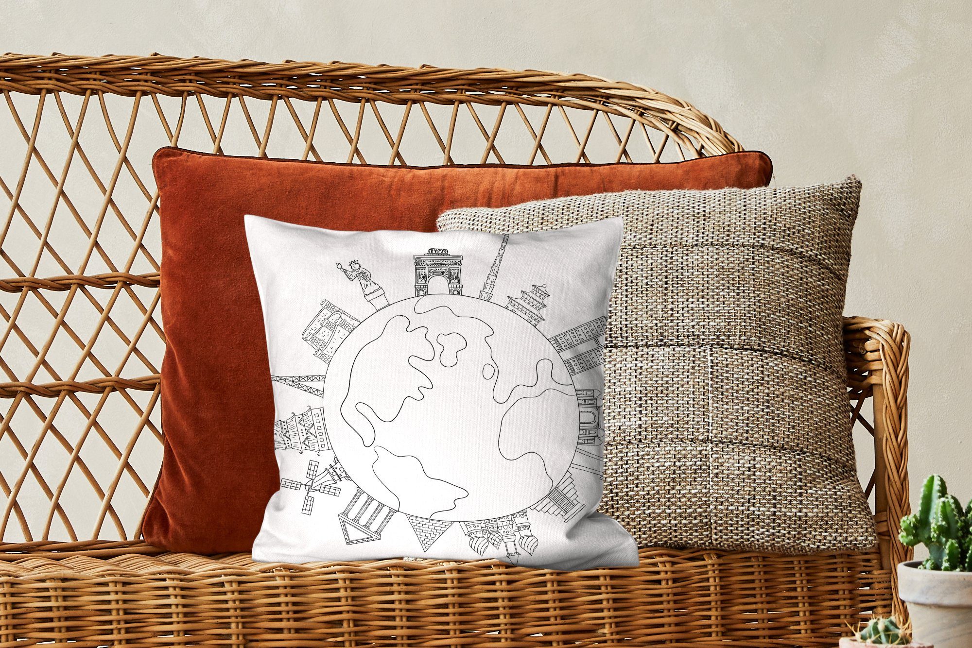 Wahrzeichen mit Dekokissen Globus, auf einem Deko, Schwarz-Weiß-Illustration Füllung Wohzimmer, für Zierkissen von Sofakissen MuchoWow Schlafzimmer,