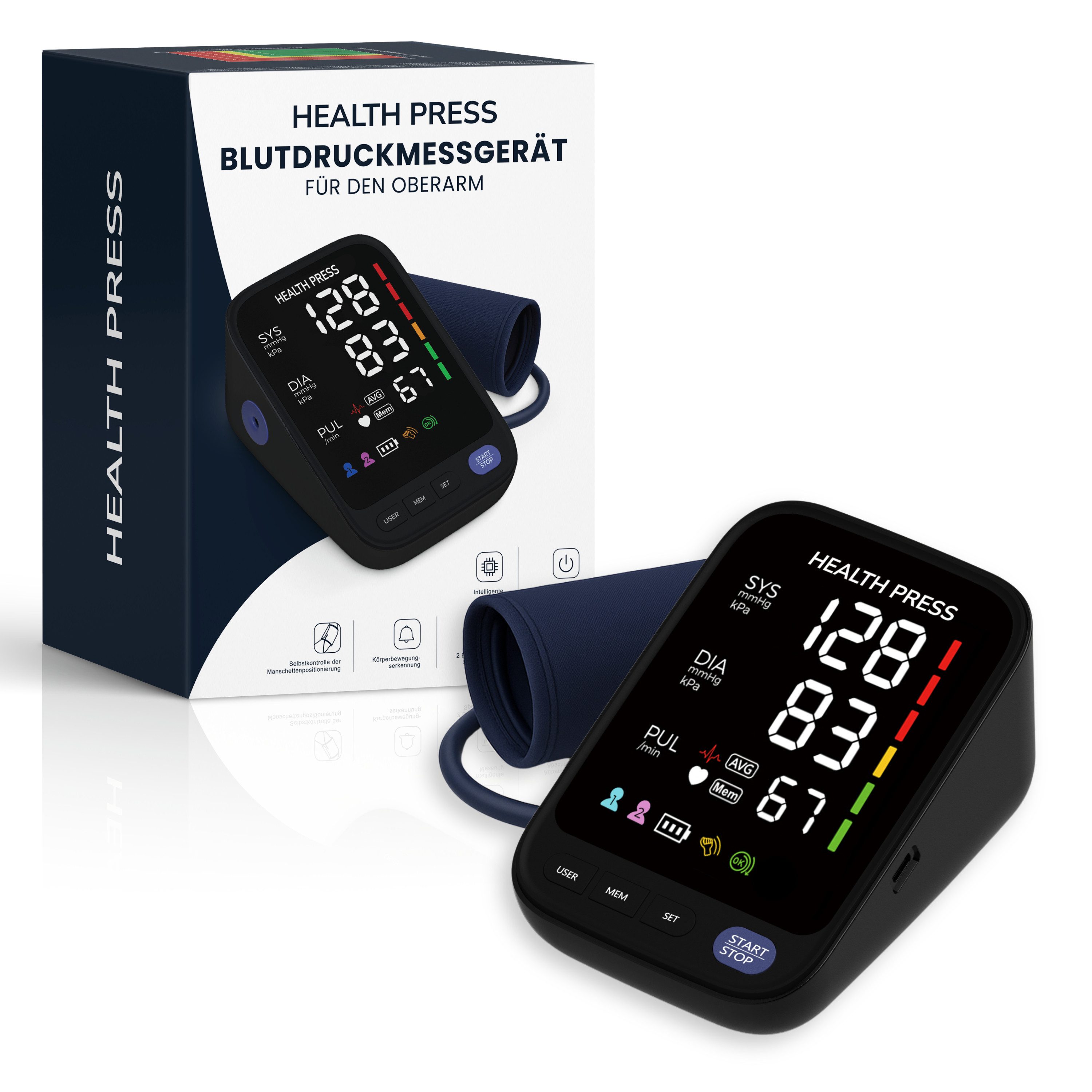Health Press Oberarm-Blutdruckmessgerät Blutdruckmessgeraet für den Oberarm, Mit WHO-Farbskala, Pulserkennung & Speicher für 2 Nutzer