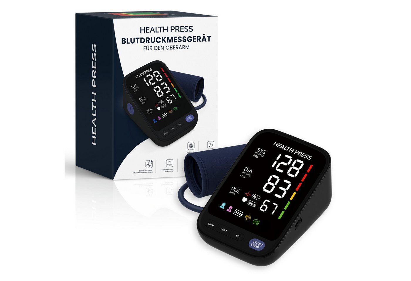 Health Press Oberarm-Blutdruckmessgerät Blutdruckmessgeraet für den Oberarm, Mit WHO-Farbskala, Pulserkennung & Speicher für 2 Nutzer