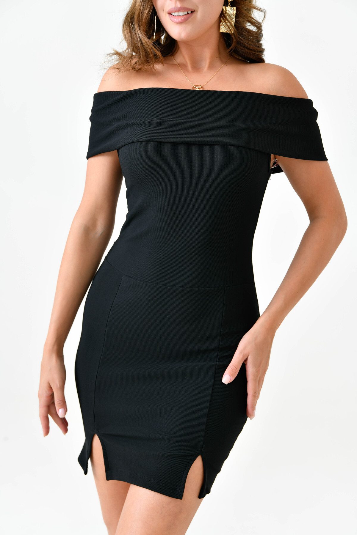 WOMAN VISION Minikleid Damen Schwarzes Stretch-Gewebe Madonna Hals Schlitz günstig online kaufen