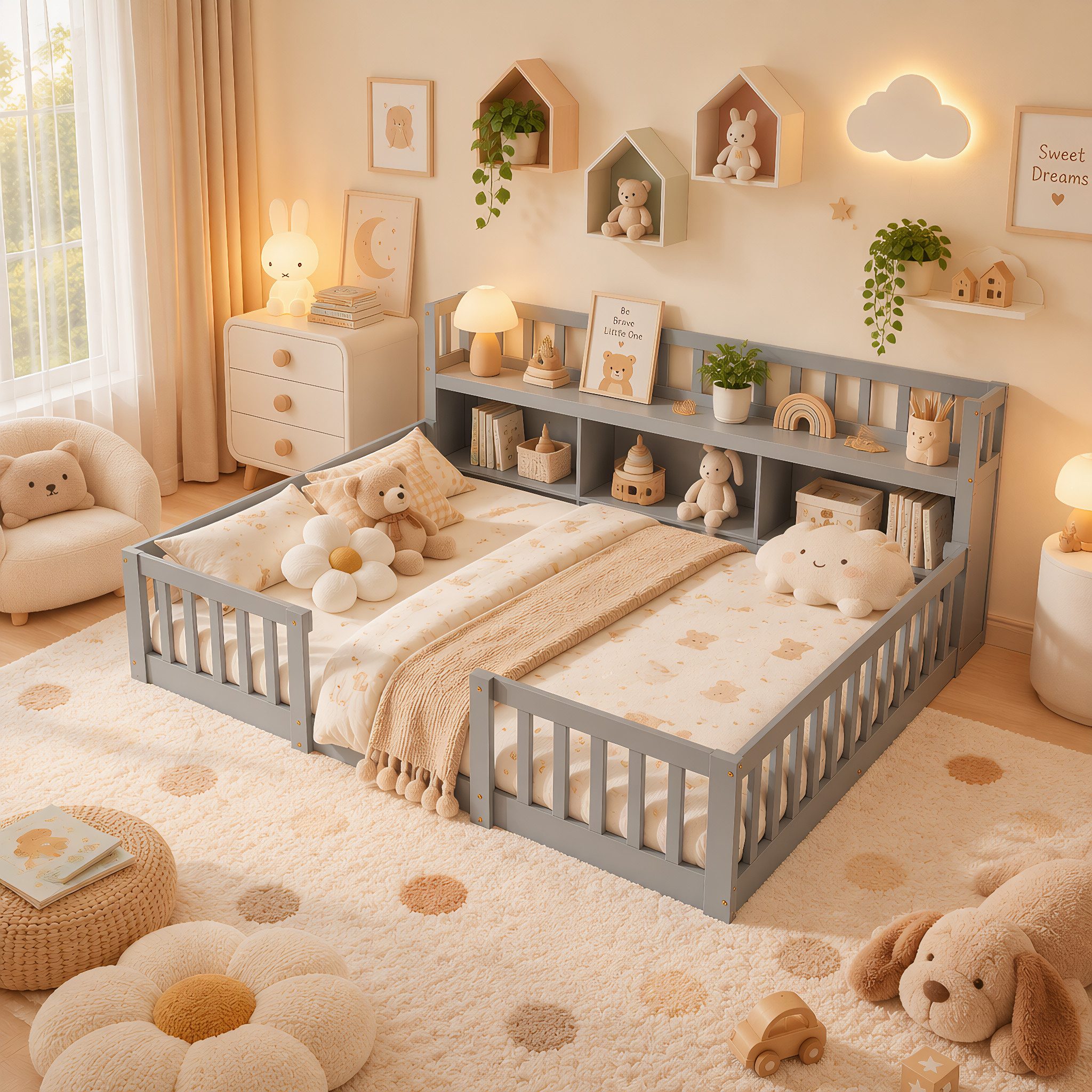 Simurq Kinderbett Bodenbett 140x200 cm, Montessori Bett Mit Staufach Und Rausfallschutz (Set, Ohne Matratze), Gitterbett Spielbett Jugendbett Doppelbett Holzbett Für 2 Kinder