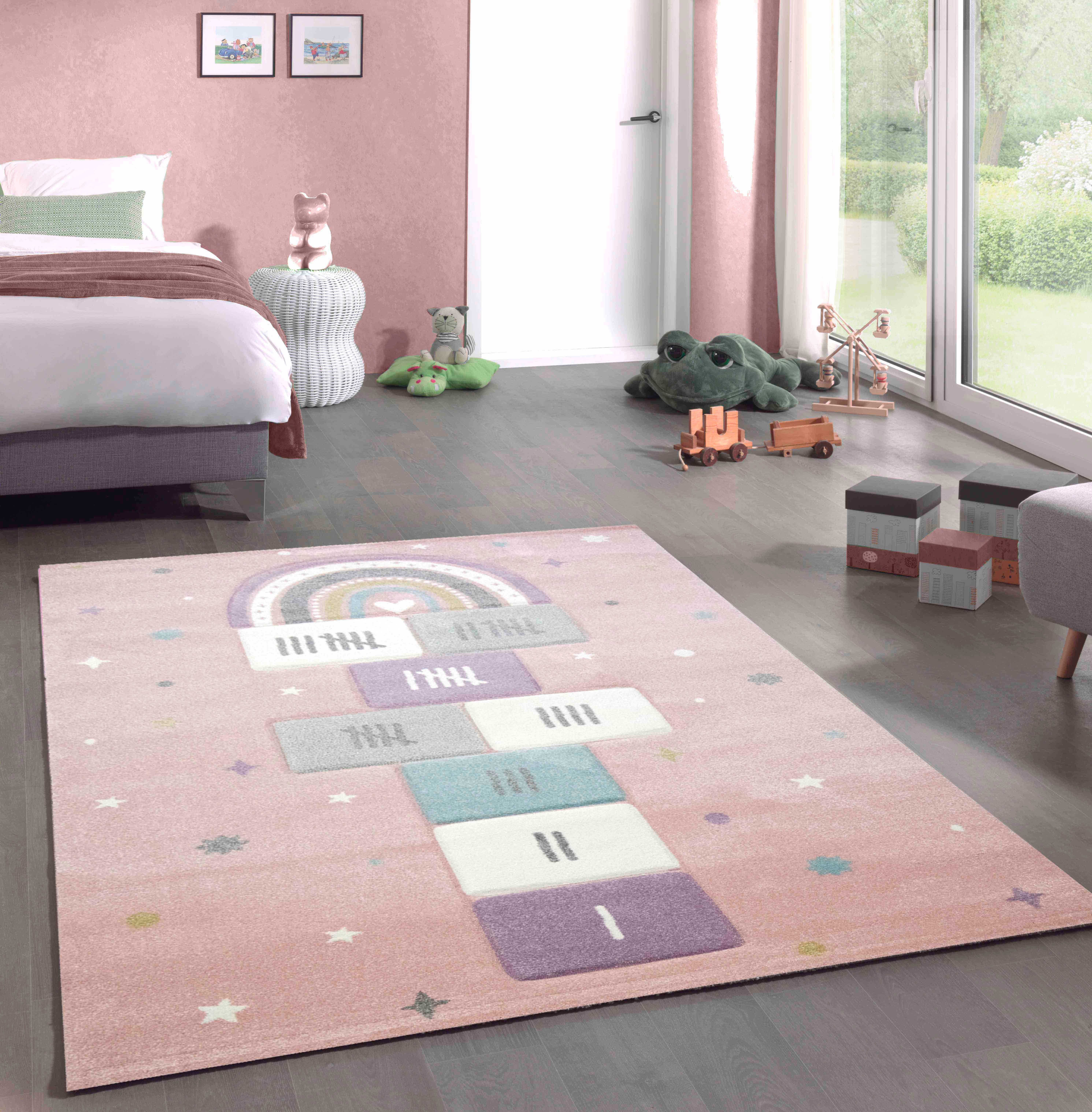Kinderteppich Spielteppich Kinderzimmer Teppich Hüpfspiel Regenbogen rosa grün creme