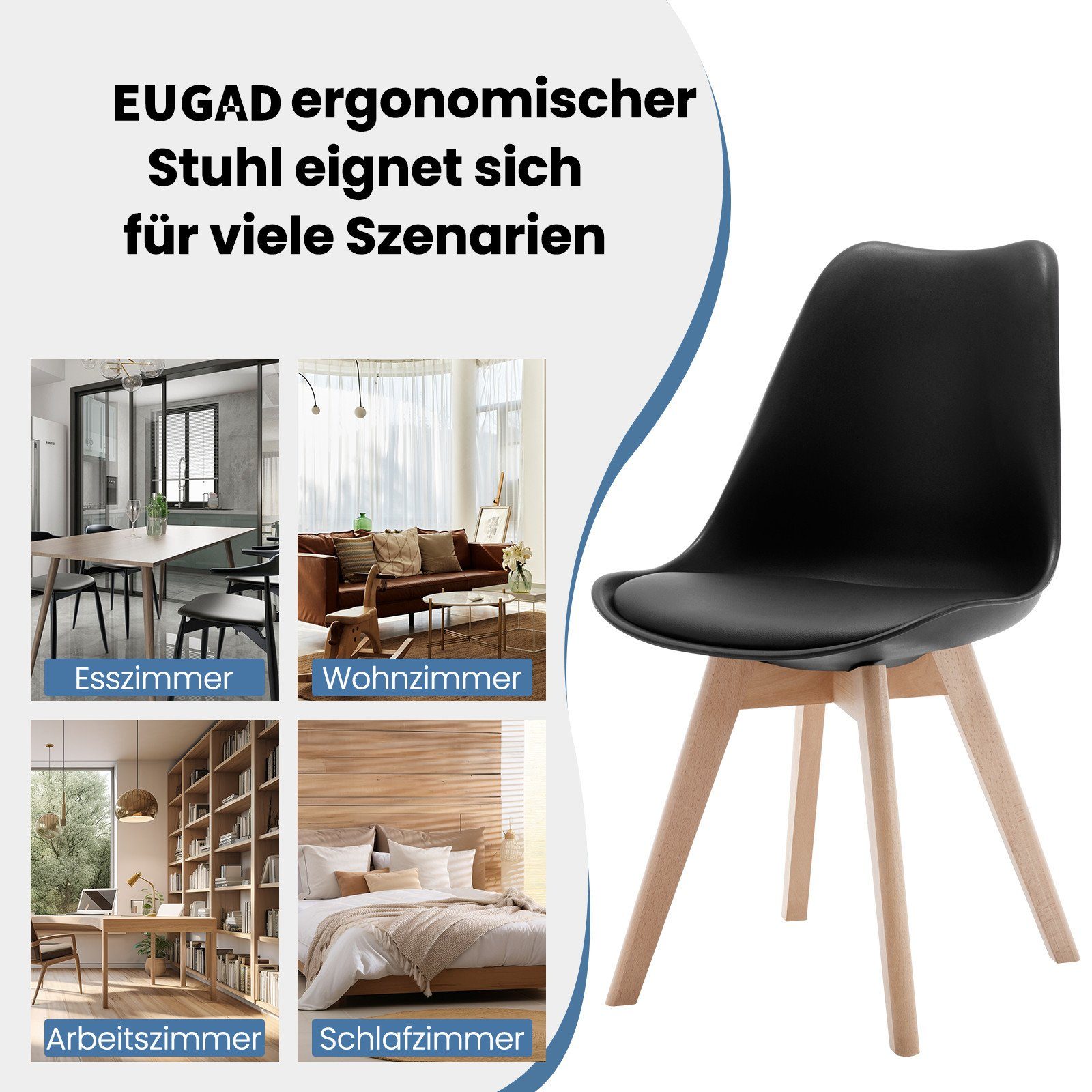 Kunstleder Schwarz EUGAD Massivholzbeinen, (4 Esszimmerstühle gepolstert, 4-Fußstuhl Design, mit St),