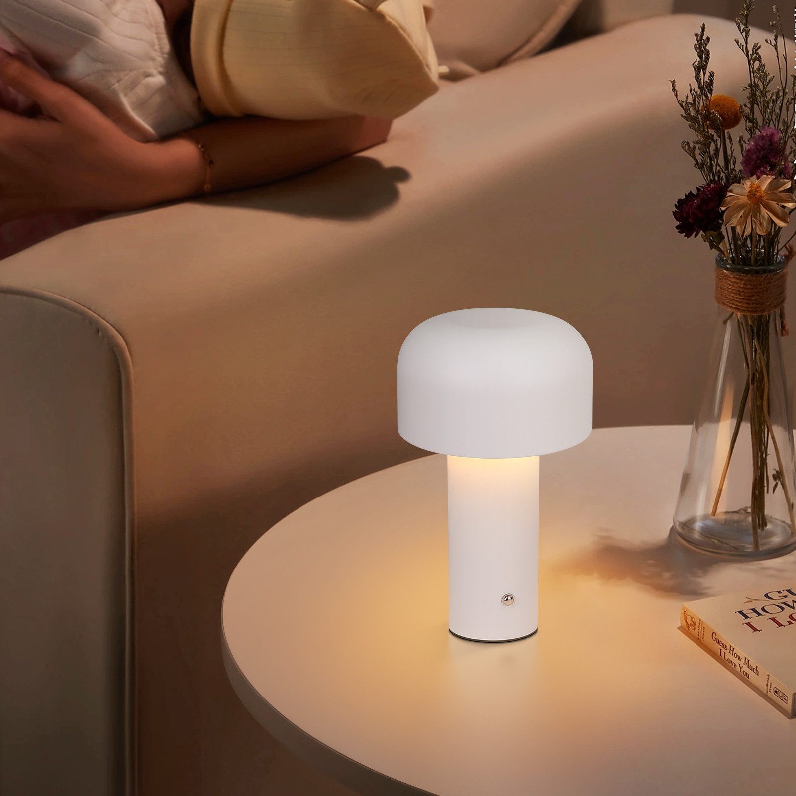 ZMH LED Tischleuchte Kabellos - 2W Tischlampe Akku Dimmbar Modern Metall für Wohnzimmer, Augenschutz, Einfache Installtion, LED fest integriert, 3000-6500K, Aufladbar Schwarz Pilz Nachttischlampe Schlafzimmer