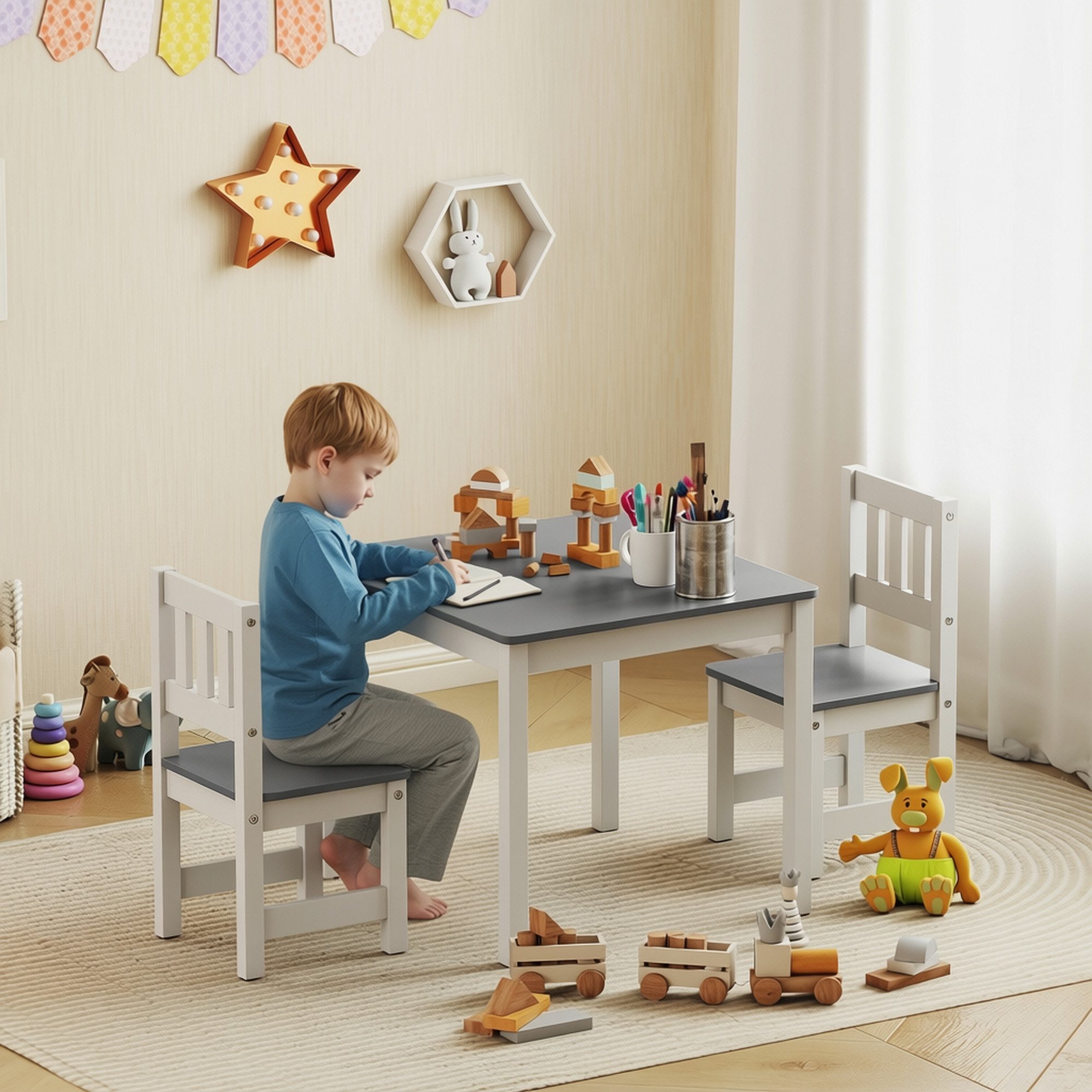AIYAPLAY Kindersitzgruppe Kinderzimmer Tisch & Stühle Set Maltisch & Basteltisch für Kinder, (Sitzgruppe für Kinder, 3-tlg., Kindertisch mit 2 Stühlen), für Kinderzimmer, Kindergärten, 56 x 52 x 48 cm Grau