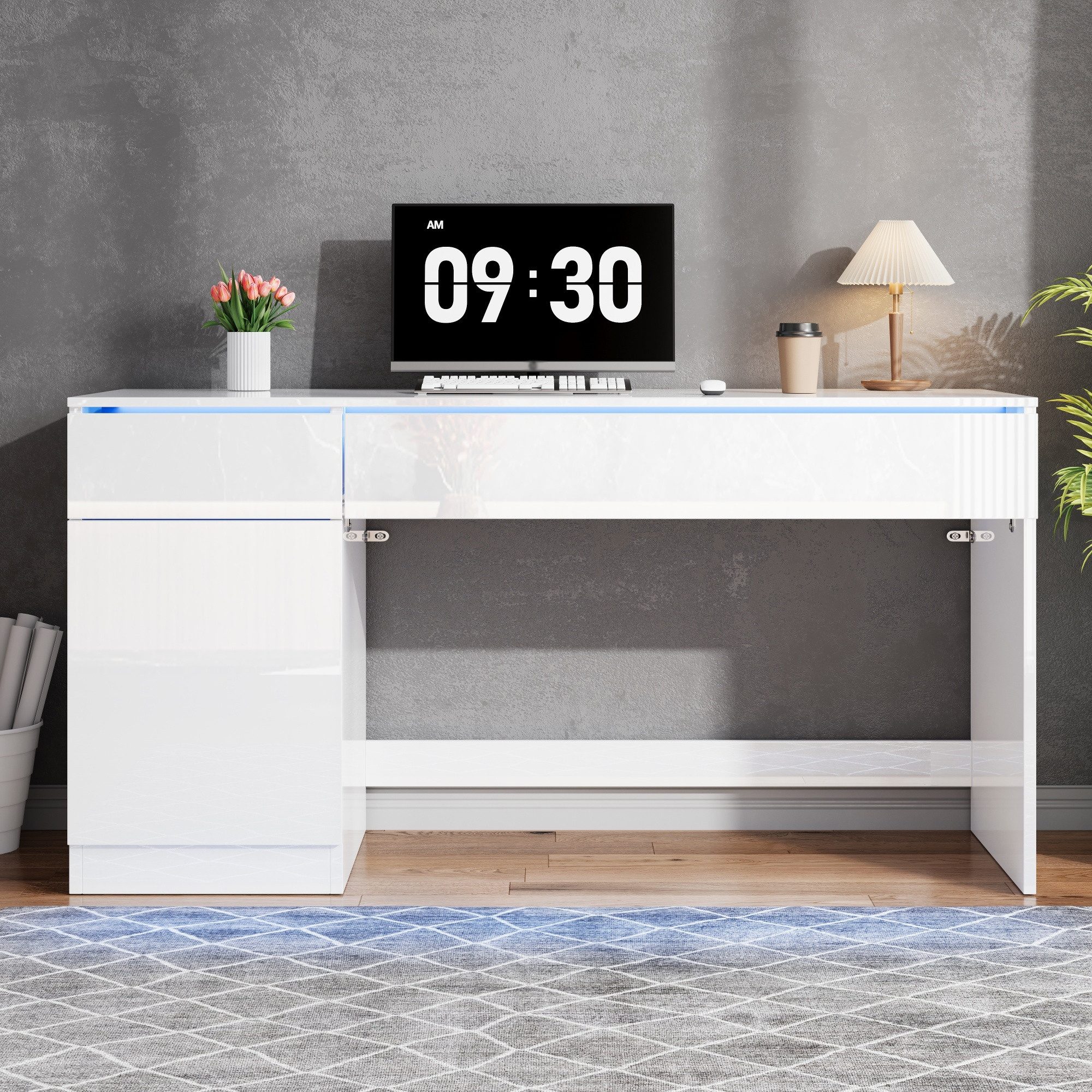 BlingBin Schreibtisch Computertisch mit Hochglanz-Arbeitsfläche,integrierter LED-Beleuchtung (1er Set, 1-St., 120×50×78 cm), Stauraum mit 2 Schublade und 1 Türen für Homeoffice & Schlafzimmer
