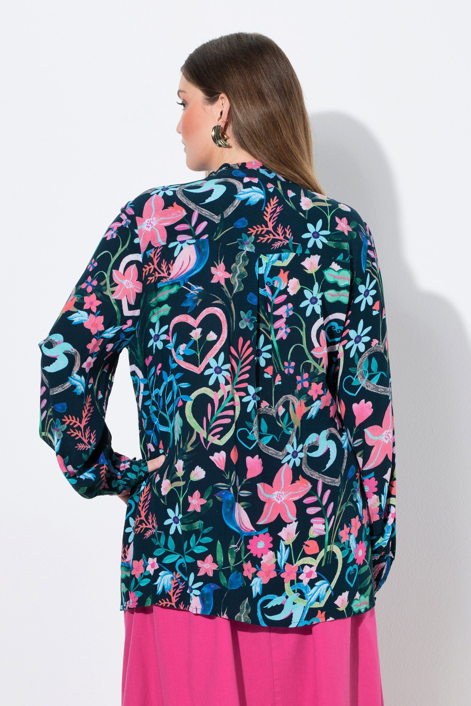 Ulla Popken Longbluse Tunika Blüten Tunika-Ausschnitt Langarm