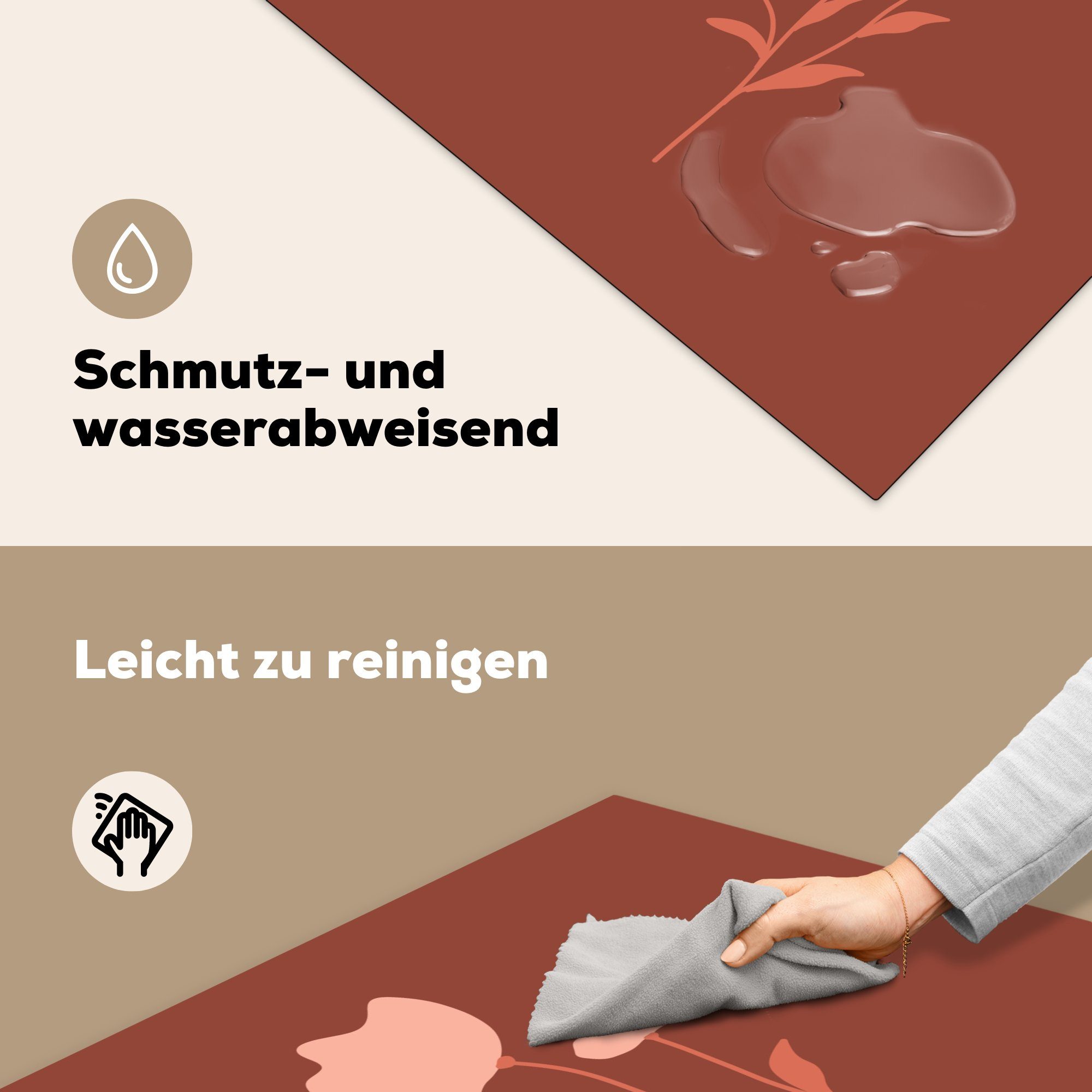 für MuchoWow mit 78x78 tlg), küche rosa cm, (1 Arbeitsplatte Vinyl, Ceranfeldabdeckung, einer Hintergrund, Illustration Herdblende-/Abdeckplatte Blume braunem