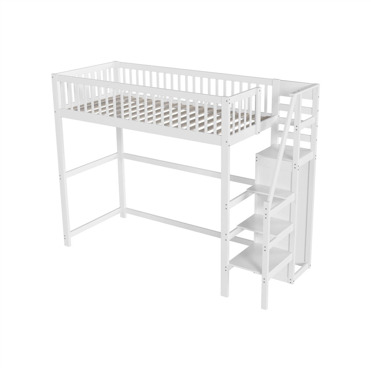 autolock Kinderbett Hochbett,Etagebett mit Treppe,Kinderbett aus Holz, mit Aufbewahrungsregal, einfacher Kleiderschrank