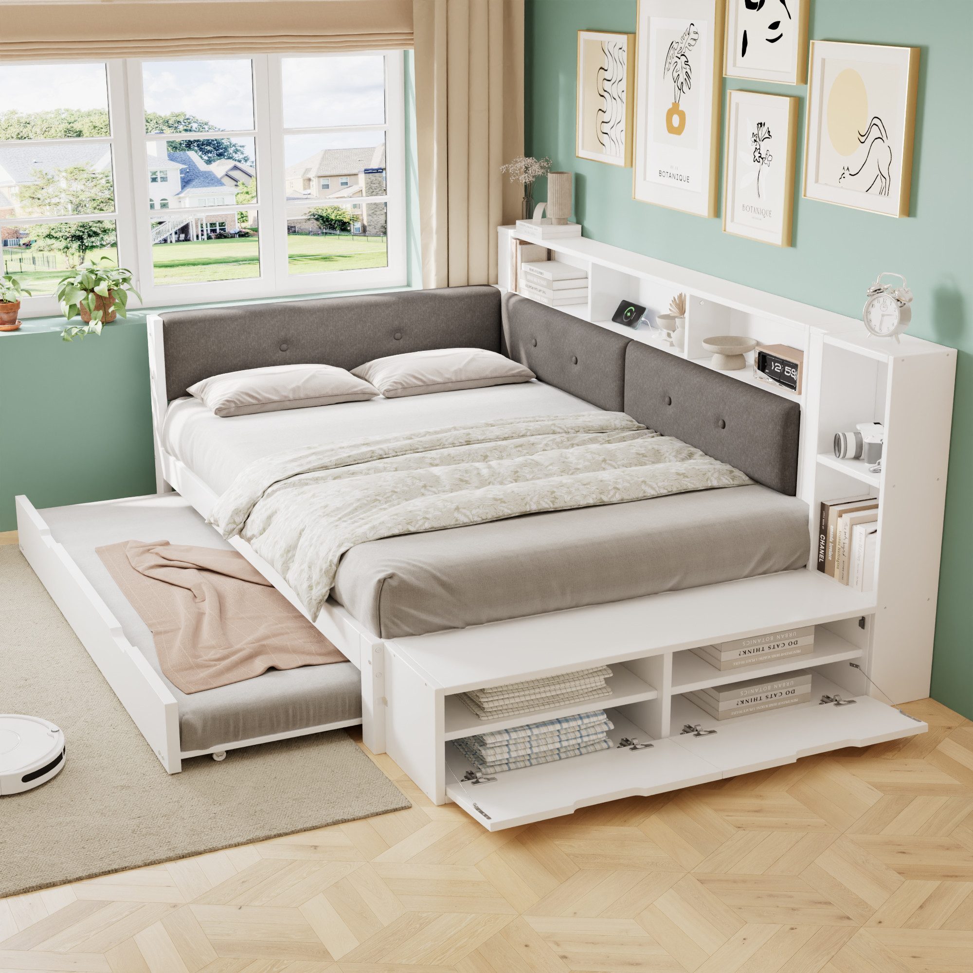 Flieks Holzbett, Stauraumbett 120x200cm mit Ausziehbett 90x190cm Ladefunktion Schuhbank