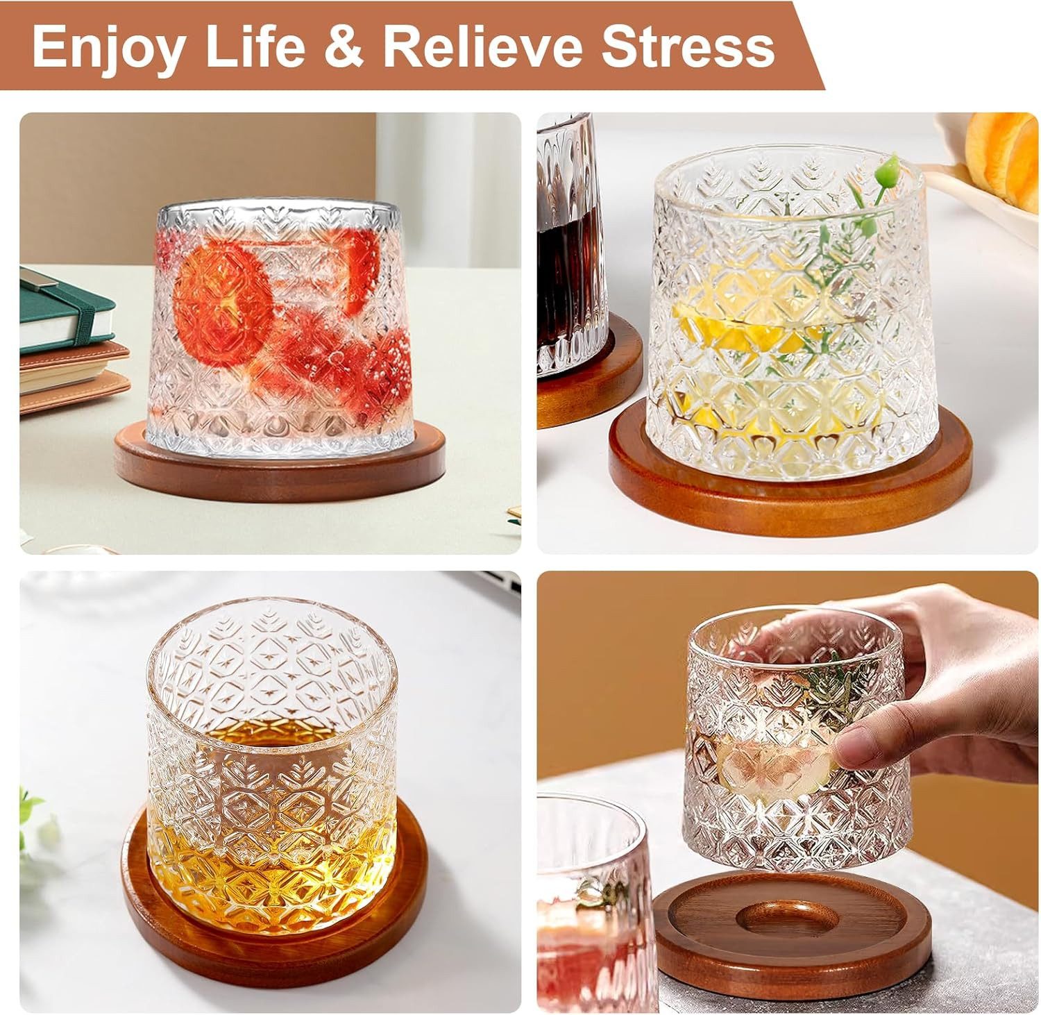 FANNOU Whiskyglas Drehbare Whiskygläser Kristall, 4-tlg., mit Untersetzer, Stehaufmännchen Gläser