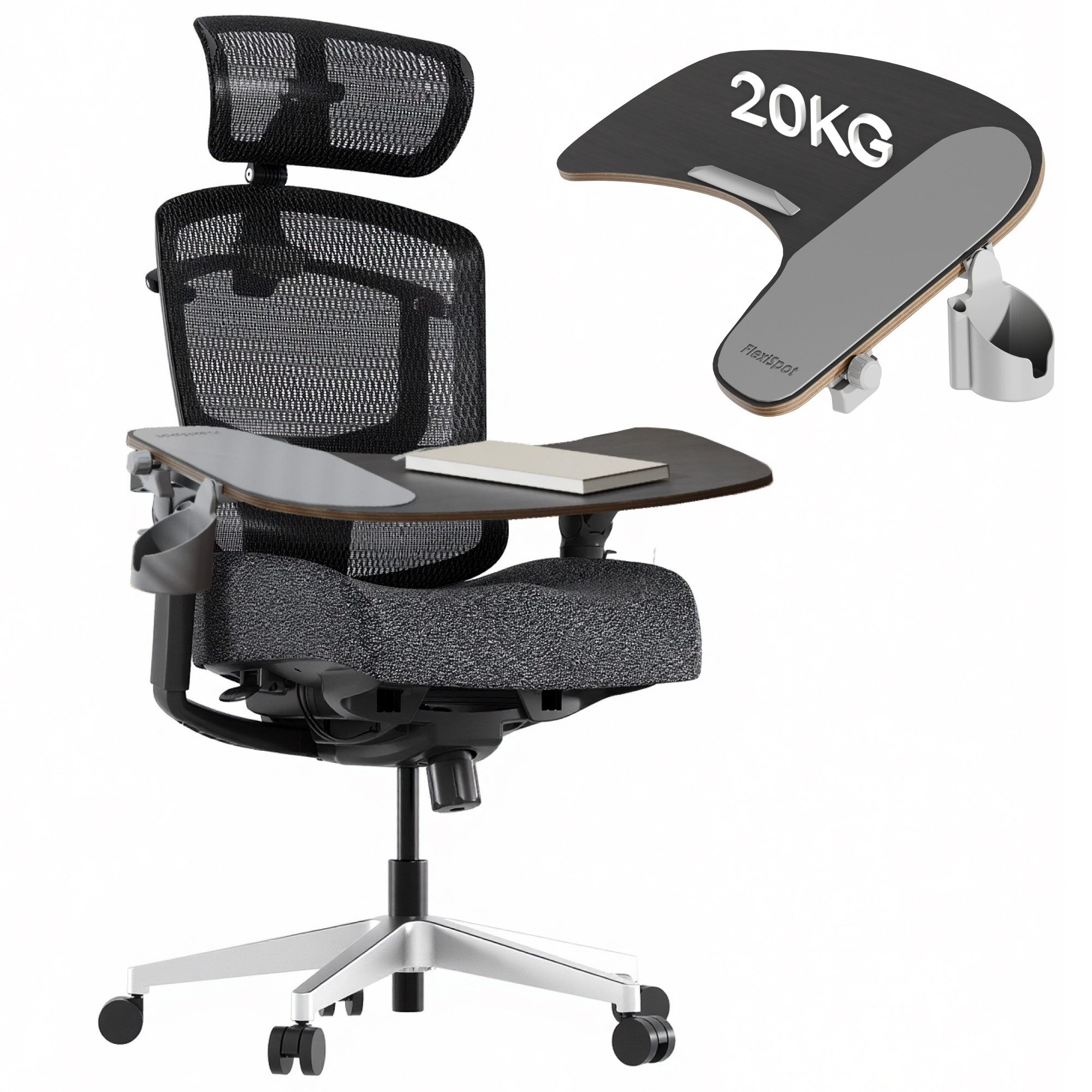 FLEXISPOT Drehstuhl ErgoX Pro Ergonomischer Bürostuhl mit 12-stufiger Höhenverstellung (mit 7D-Armlehnen, 5D-Lendenstütze, 4D-Kopfstütze, inkl. Laptoptisch), Schaumstoffsitz Schreibtischstuhl, 250 kg Belastbarkeit
