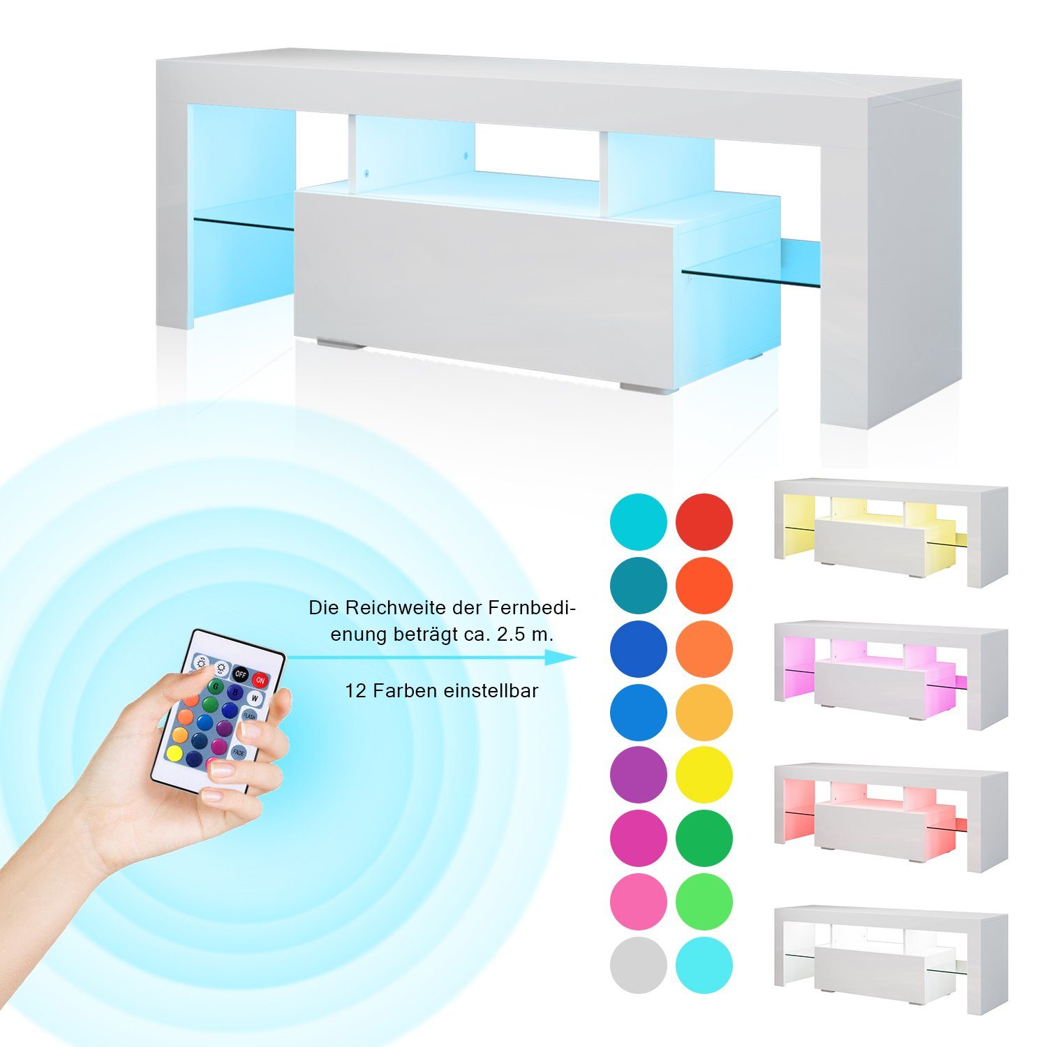 SONNI TV-Schrank TV Lowboard mit LED Beleuchtung Weiß Hochglanz 130cm Breit günstig online kaufen