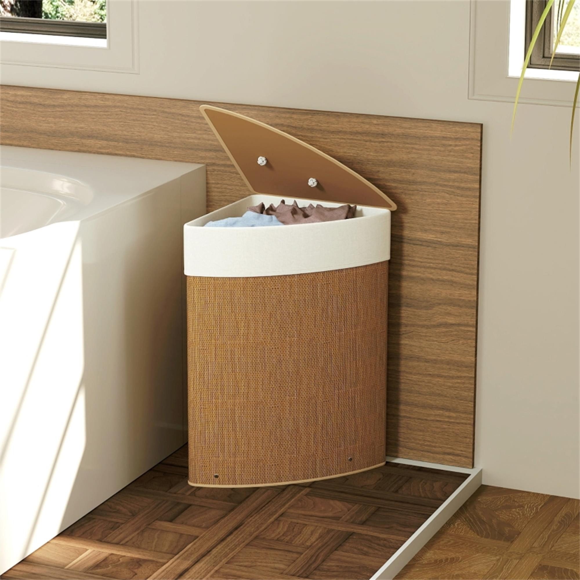 ibettertec Wäschekorb Bambus Wäschekorb mit Deckel 55L, Eck Wäschesammler (mit herausnehmbarem Sack, für Bad & Waschküche)
