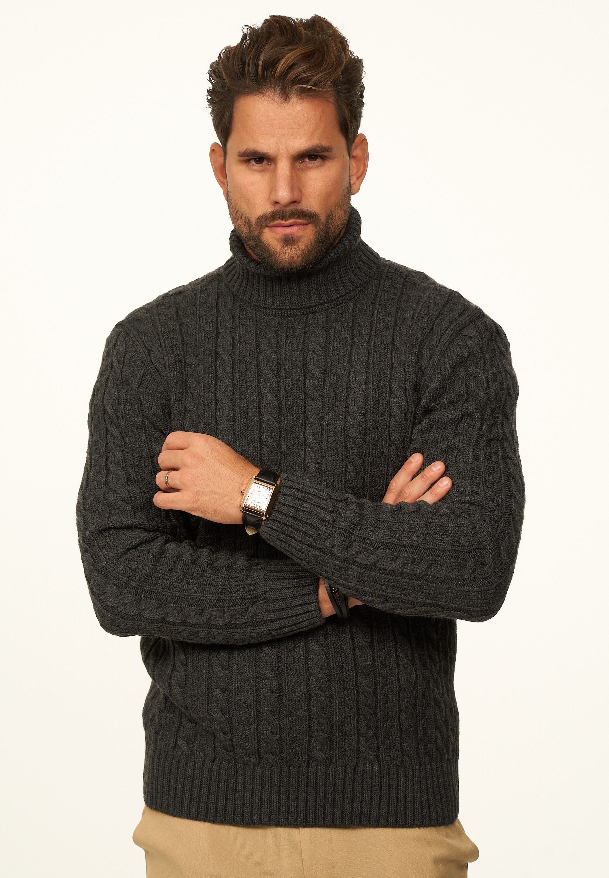 DAILY COTTON Rollkragenpullover als Grobstrick Pulli mit Zopfmuster für Herren Strickpullover für Männer - Winterpullover im Regular-Fit