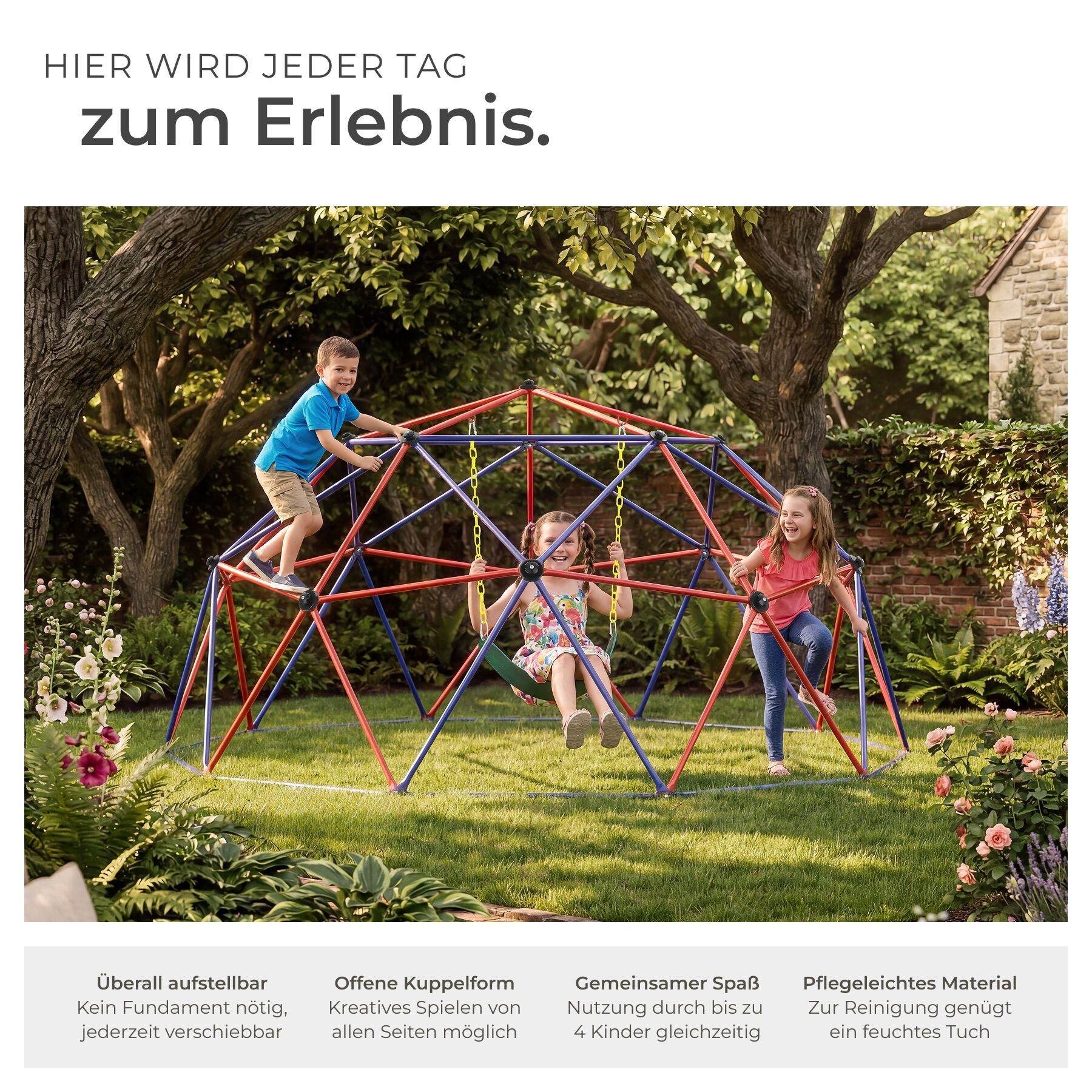 tectake Klettergerüst Spielgerüst mit Schaukel, ab 3 Jahren, Ø 305 cm, wetterfest, (Kletterturm Freeclimber, in bunt), Belastbarkeit 200 kg, pulverbeschichtetes Stahlgestell