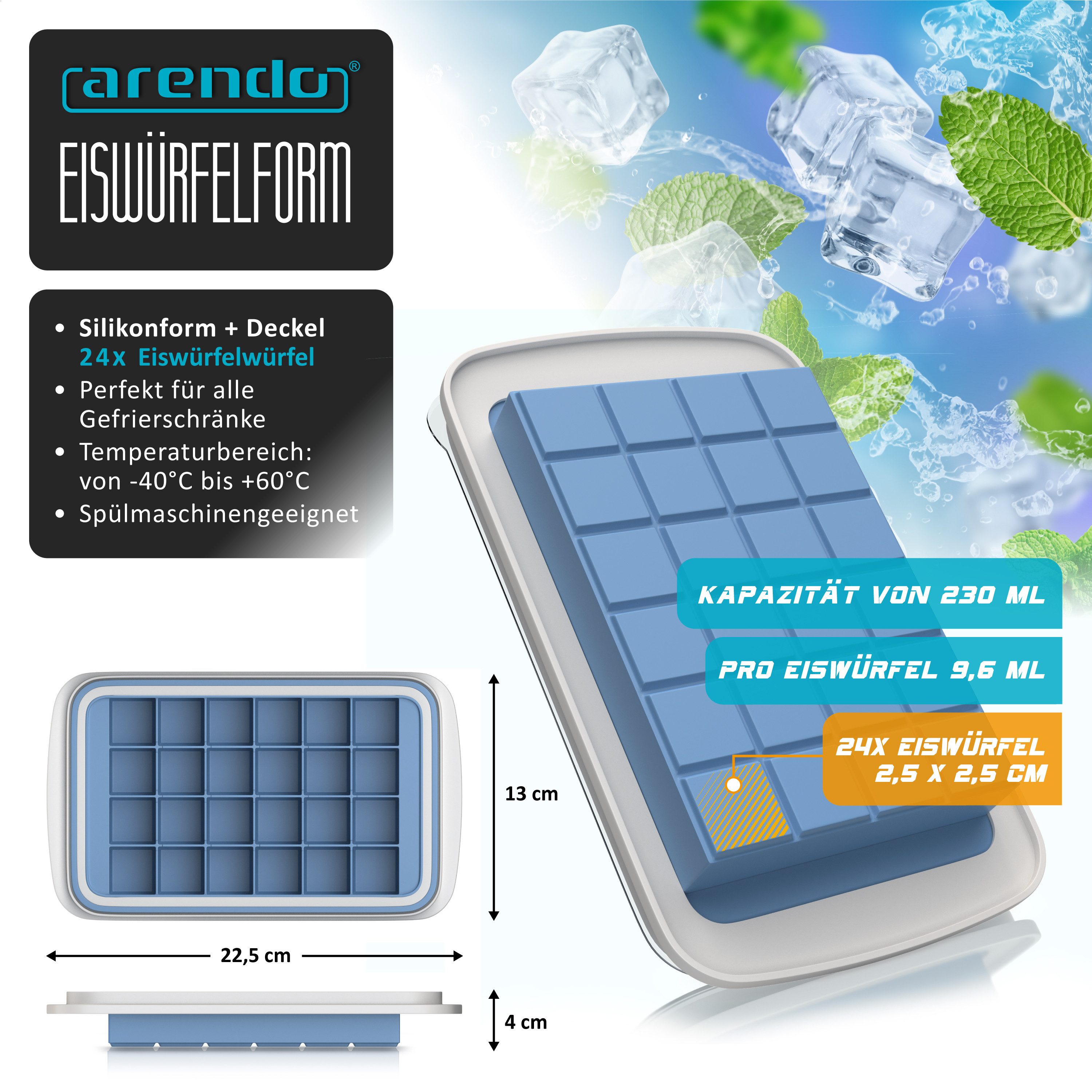 Arendo Eiswürfelform Silikon 230ml, 24 Eiswürfel, spülmaschinengeeignet, stapelbar, (1-tlg), quadratisch, 24 Fächer, Deckel mit Einfüllöffnung, BPA-frei