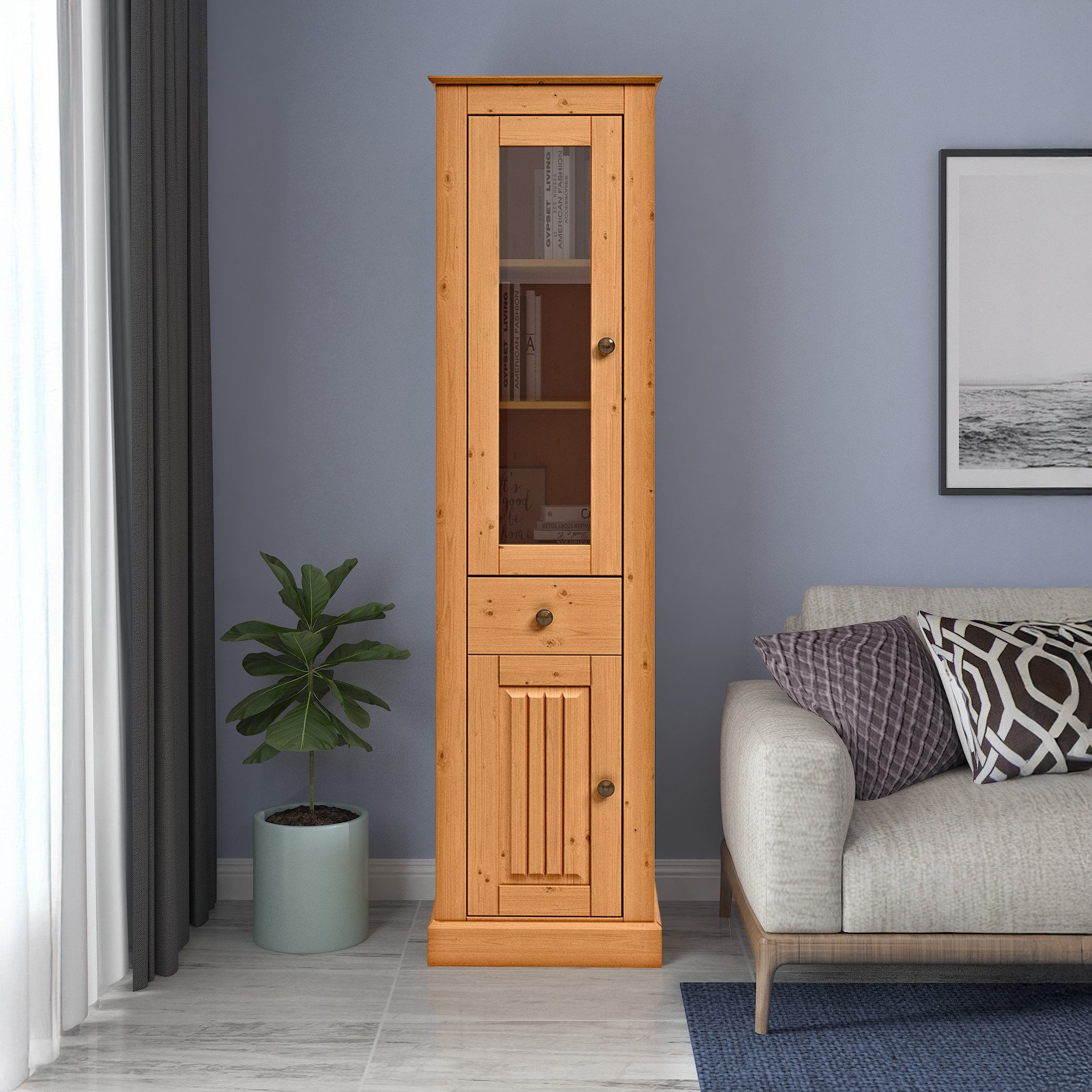 loft24 Vitrine Martin - Vitrinenschrank Glasvitrine Schrank Standvitrine 1 Tür mit Glasfront, 1 Schublade, Kiefer, Landhausstil