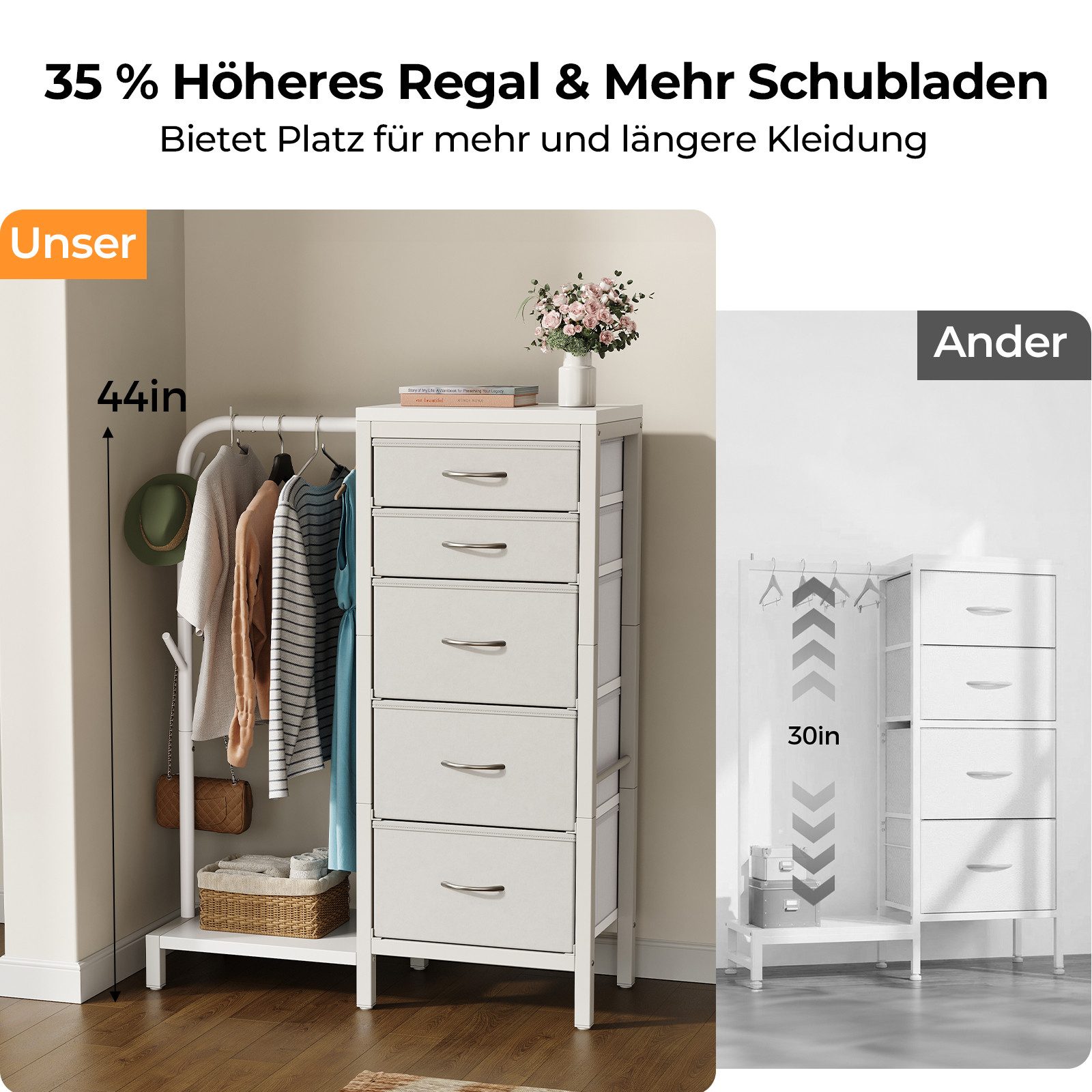 Patbrela Garderobenständer Garderobe mit 5 Stoff Schubladen, Kommodeschrank mit Kleiderstange, Stoffkommode für Schlafzimmer Wohnzimmer Flur Kinderzimmer – Bild 5 von 5