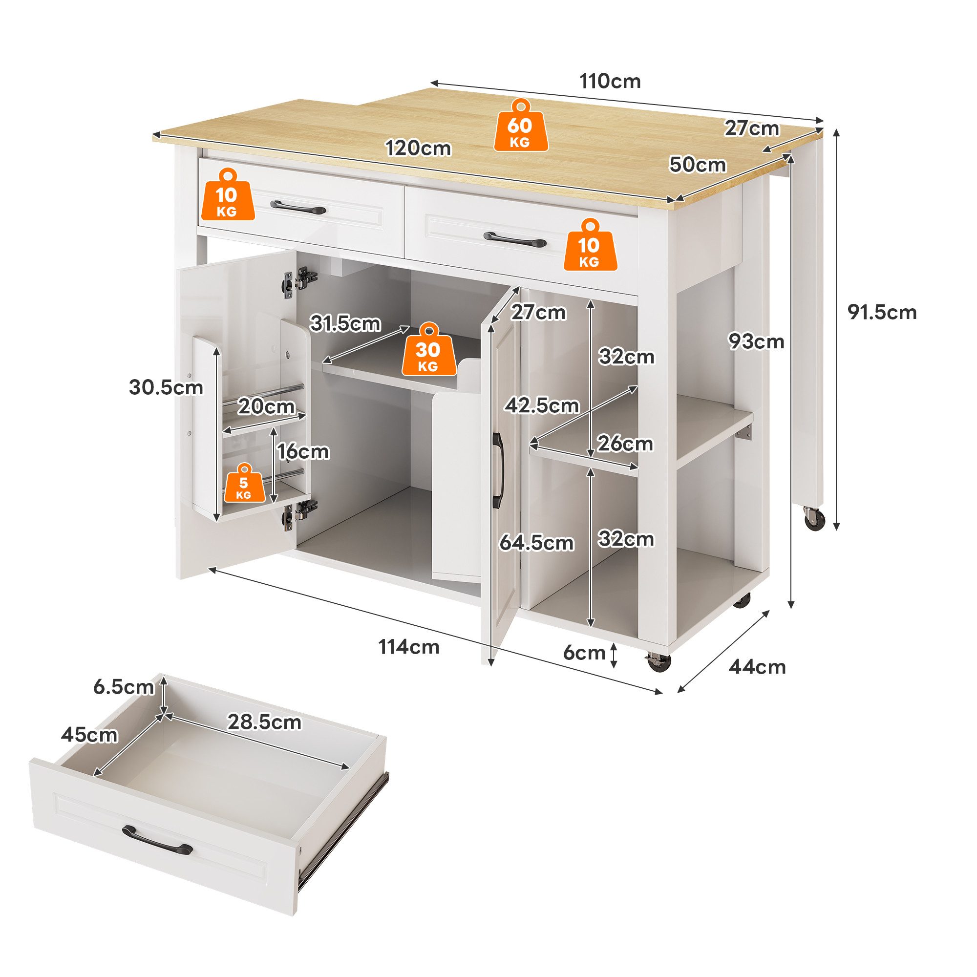 Ulife Kücheninsel 120 cm ausziehbare mobile Kücheninsel mit Bartheke & Steckdosen, 2 Schubladen, 2 Türen mit Türregalen – für Küche & Esszimmer