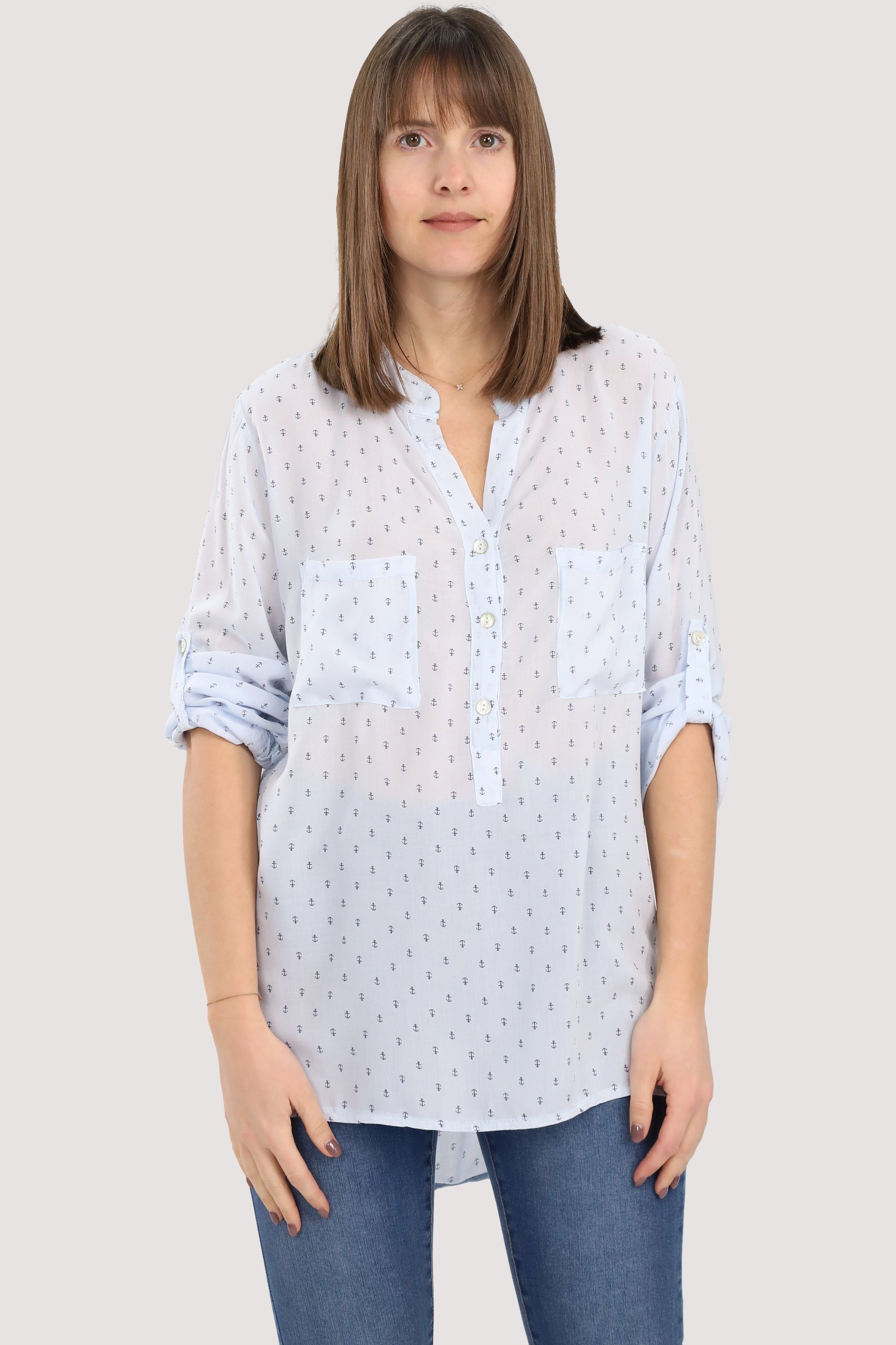 malito more than fashion Schlupfbluse 9013 Blusenshirt mit Marine Anker Print Einheitsgröße hellblau