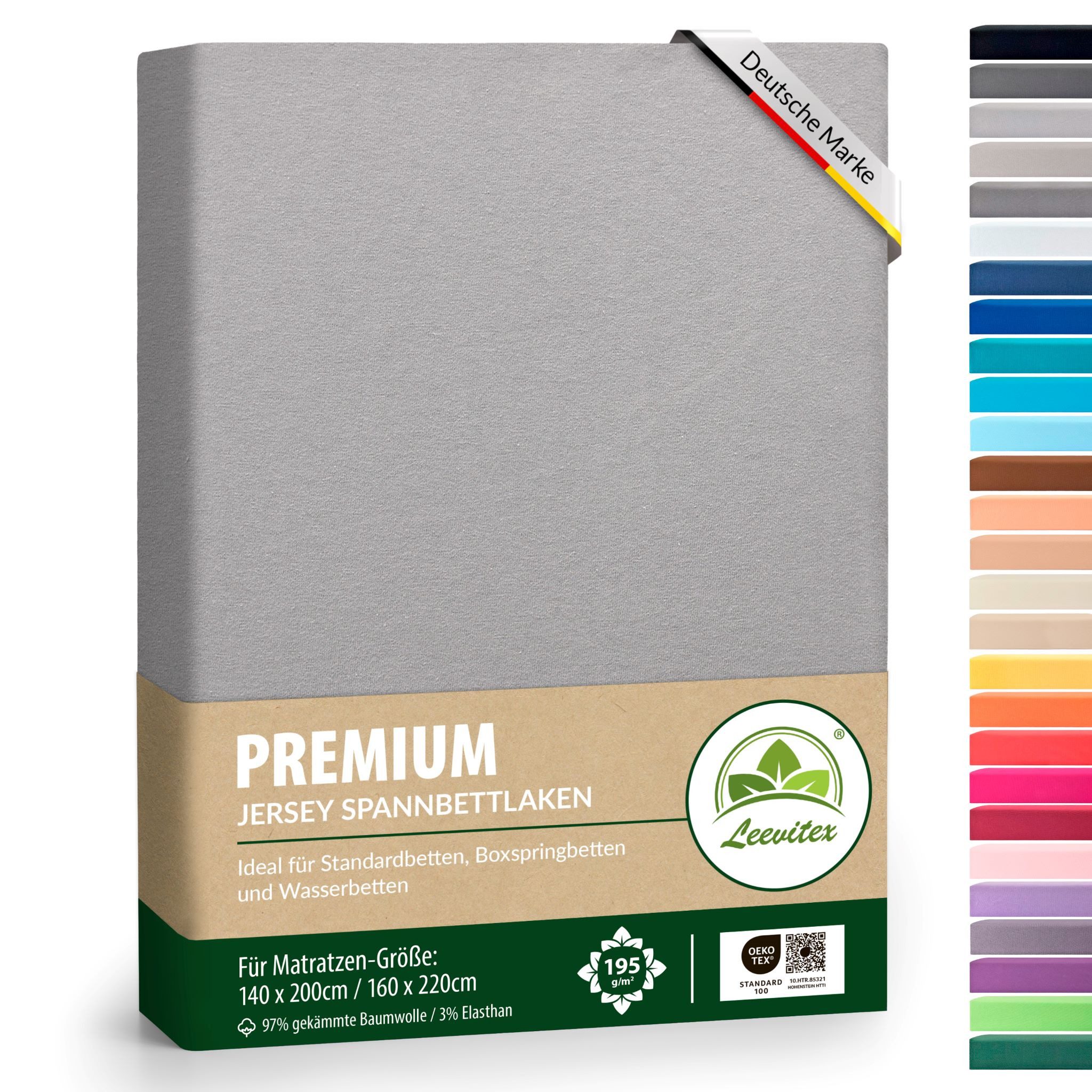 leevitex® Spannbettlaken Premium, verschiedene Größen, Stoffgewicht 195 g/m², 40 cm Steghöhe, Jersey-Elasthan, Gummizug: rundum, (1 Stück), verschiedene Farben, OEKO-TEX® STANDARD 100 zertifiziert