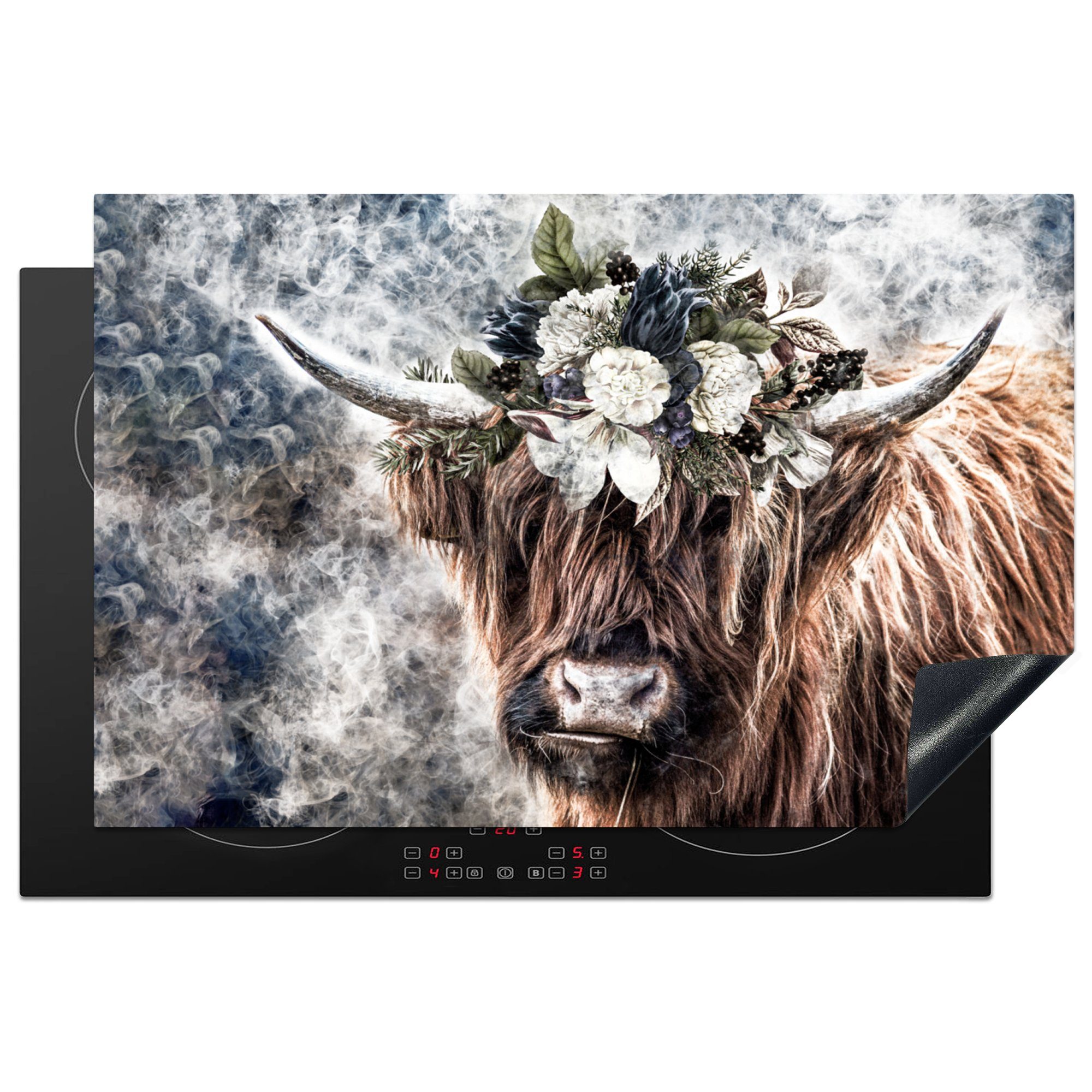 MuchoWow Herdblende-/Abdeckplatte Schottische Highlander - Blumen - Nebel, Vinyl, (1 tlg), 81x52 cm, Induktionskochfeld Schutz für die küche, Ceranfeldabdeckung