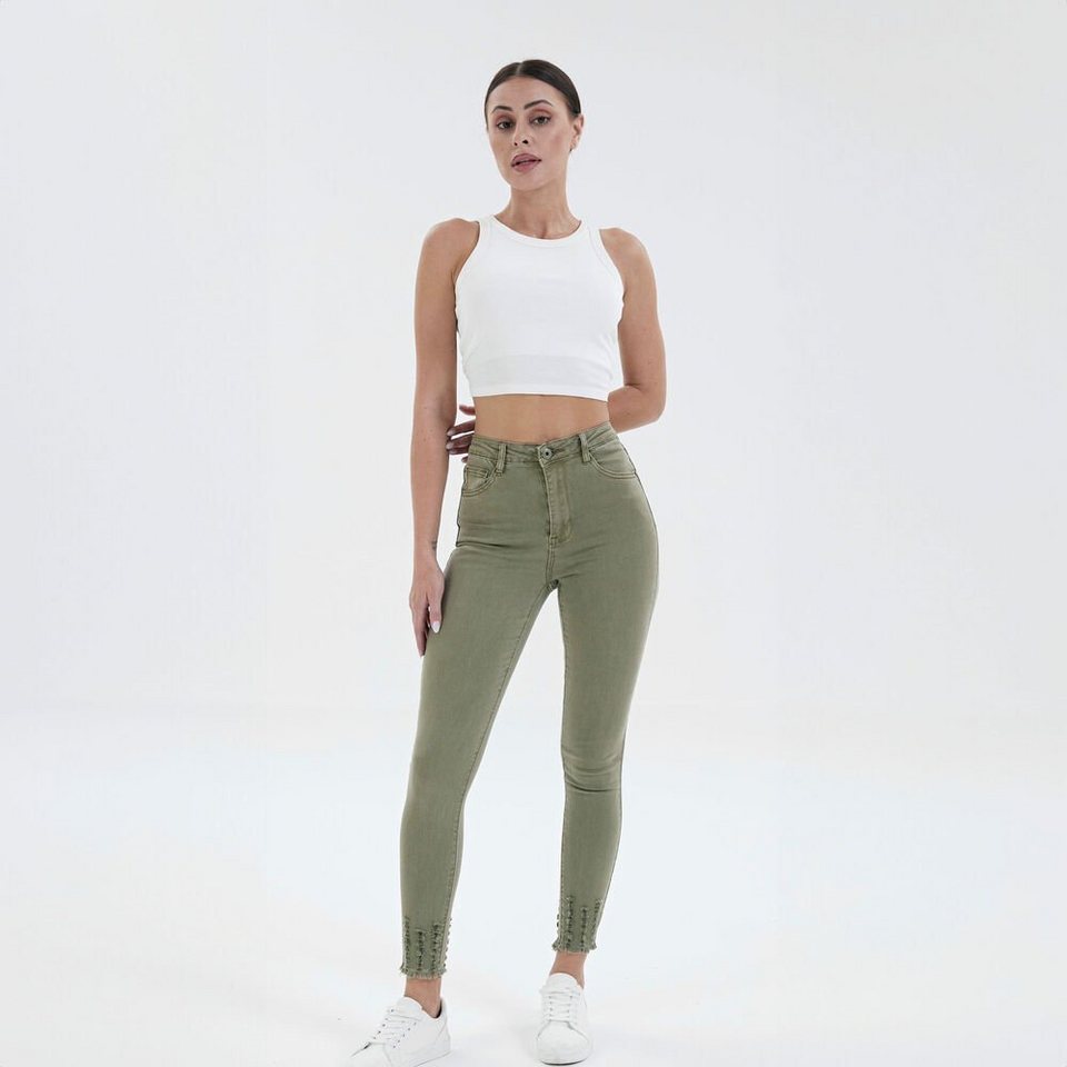 Ital-Design Skinny-fit-Jeans Damen Freizeit Used-Look Stretch High Waist  Jeans in Olive