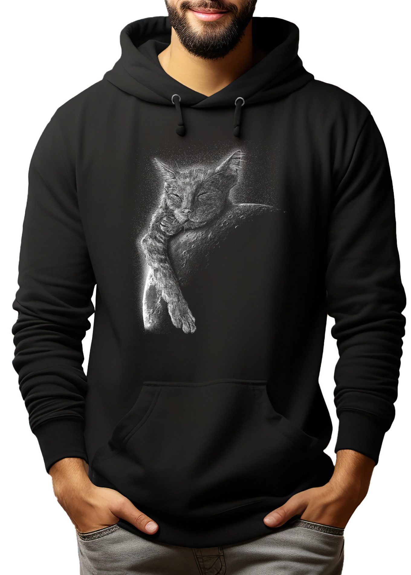 MyDesign24 Hoodie Katzen Kapuzen Pulli - Katze schlafend auf Mond Herren und Damen Kapuzensweater i123