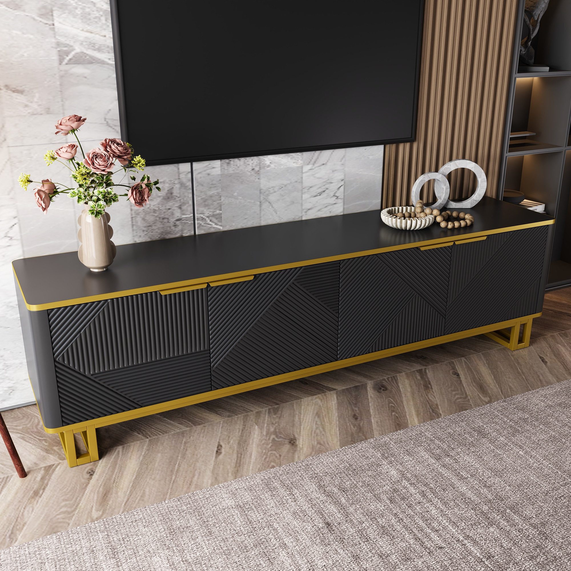 Merax Lowboard in Weiß und Gold, TV-Board mit vier Türen und Stauraum (1 St., 160 x 37,5 x 48 cm), TV-Schrank mit geometrischer 3D-Front, Kabelmanagement, Metallrahmen
