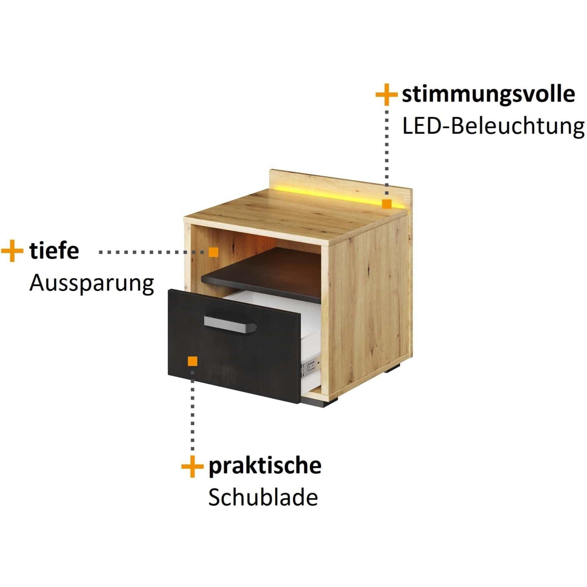 Nachtkommode, Schrank H Qubic (modernes x Nachtschrank), x (B 42 Beautysofa cm 1 x Schublade 47 Nachttisch LED-Beleuchtung, 45 Holz x T)