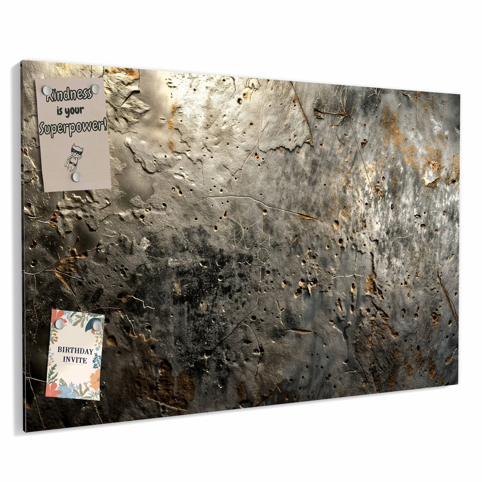 Primedeco Magnettafel Zerfressenes Metall – Magnetwand & Memoboard aus Metall, (Komplett-Set, 1-tlg., Inklusive 4 Magnete und 2 Boardmarker (weiß & schwarz), magnetisch & beschreibbar