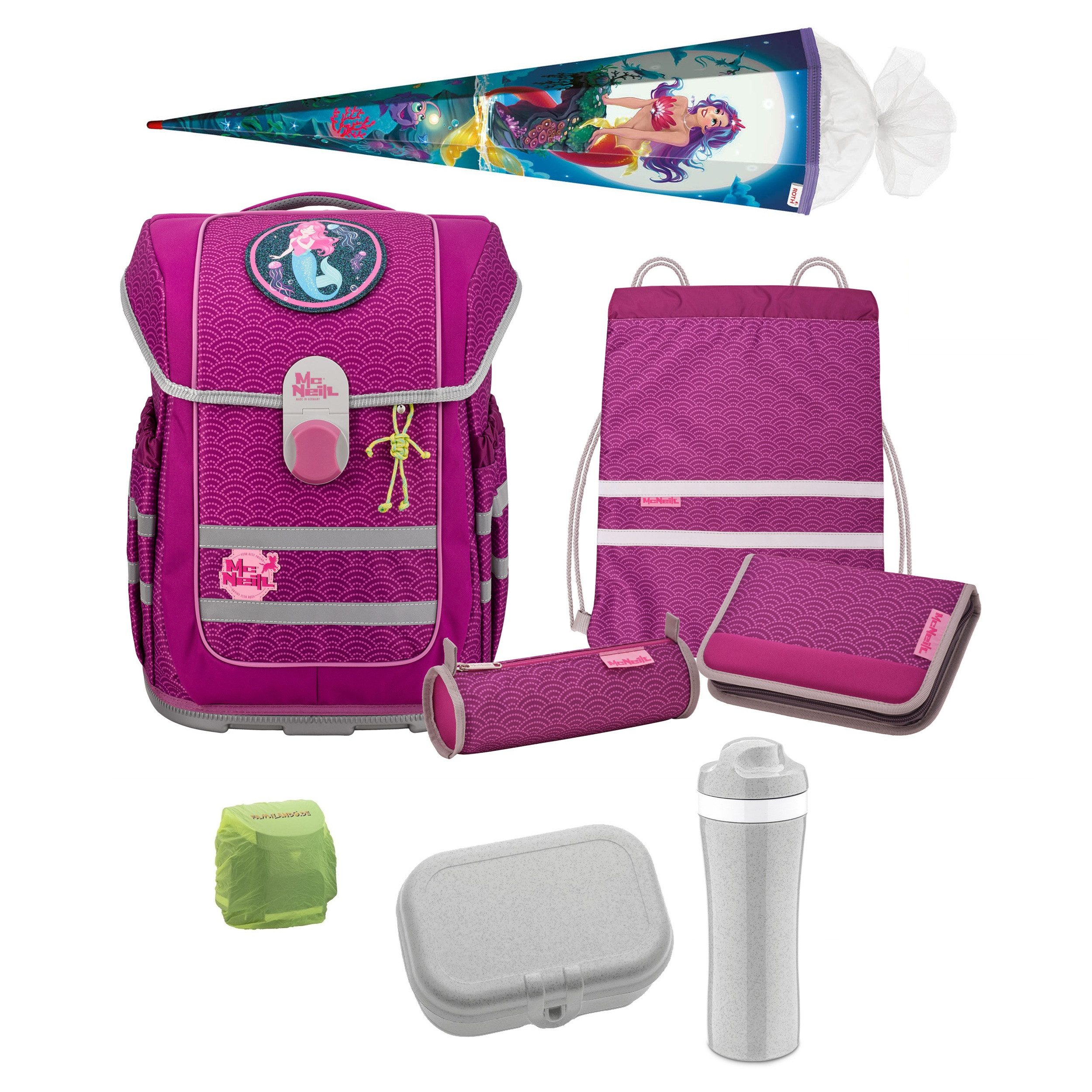 McNeill Ранцы McOcean PUNTOPINK Schultasche 1. bis 4. Klasse (Set, 9-tlg., Federmappe, Lunch-Set und Schultüte 85cm), ergonomischer Tornister für Mädchen Meerjungfrau Mermaid Pink