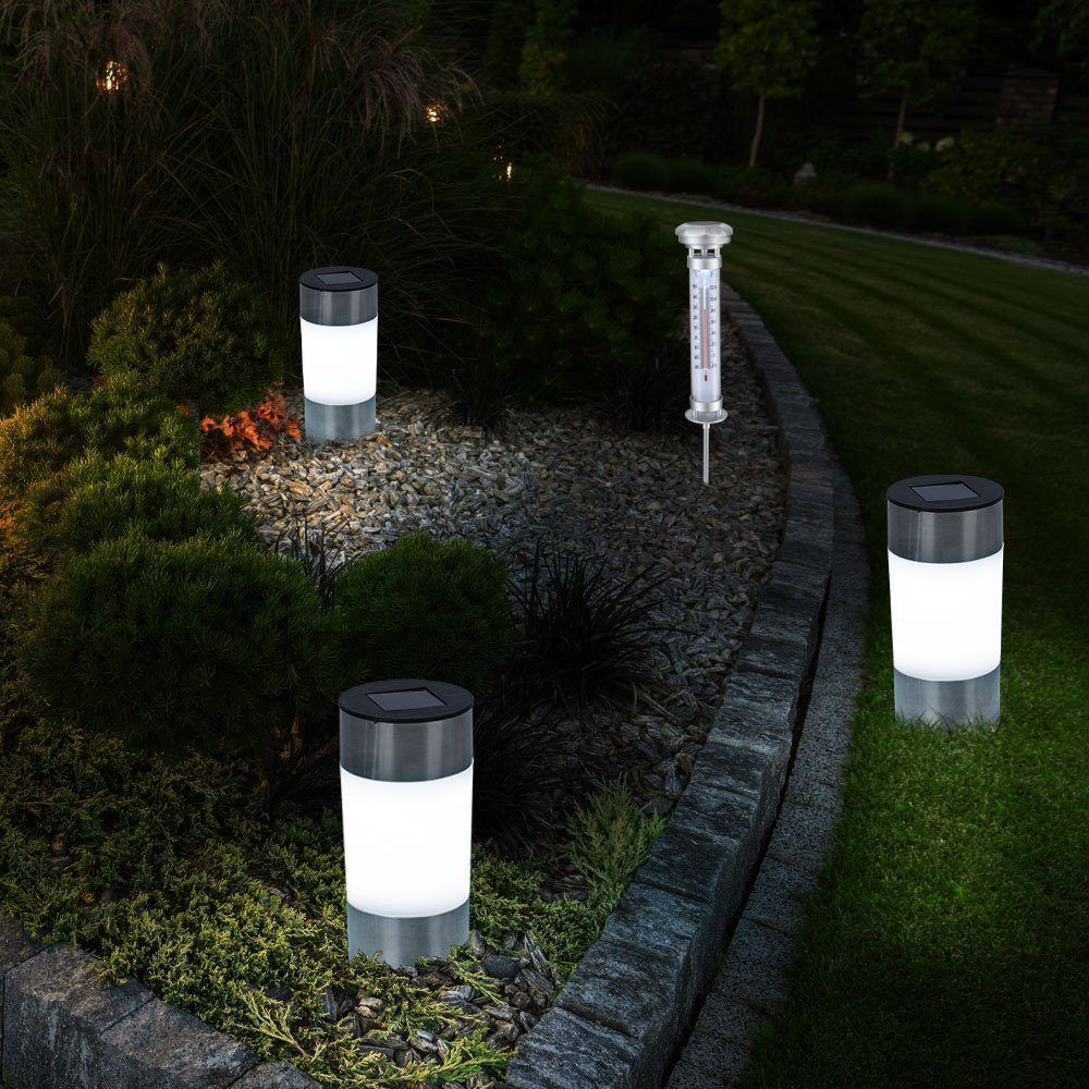 etc-shop LED Gartenleuchte, LED-Leuchtmittel fest verbaut, 4x LED Solar Steck Leuchten Außen Thermometer Garten