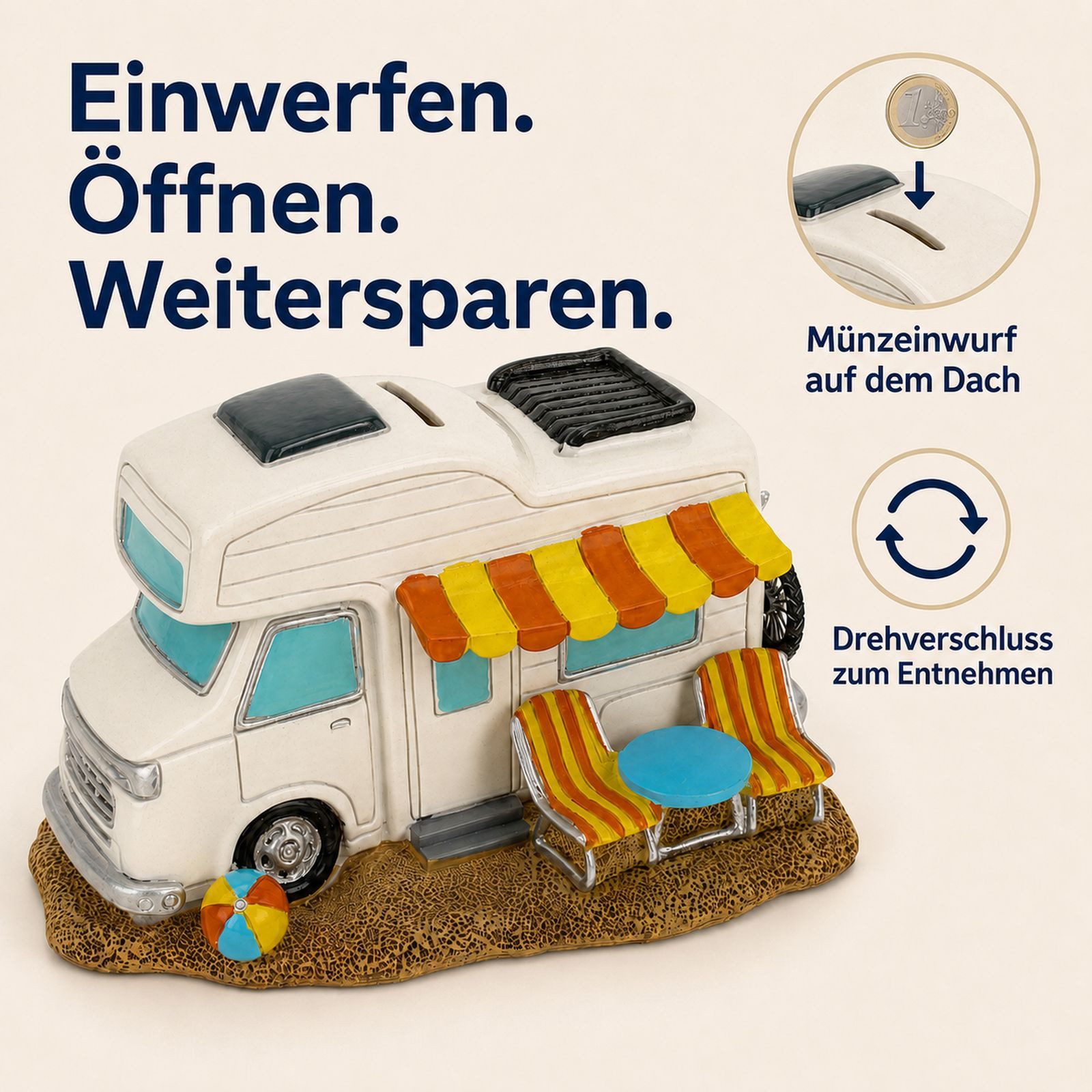 Kremers Schatzkiste Spardose Wohnmobil mit Drehverschluss 17 cm Urlaubskasse & Geldgeschenk, Handbemalt – Bild 3 von 5