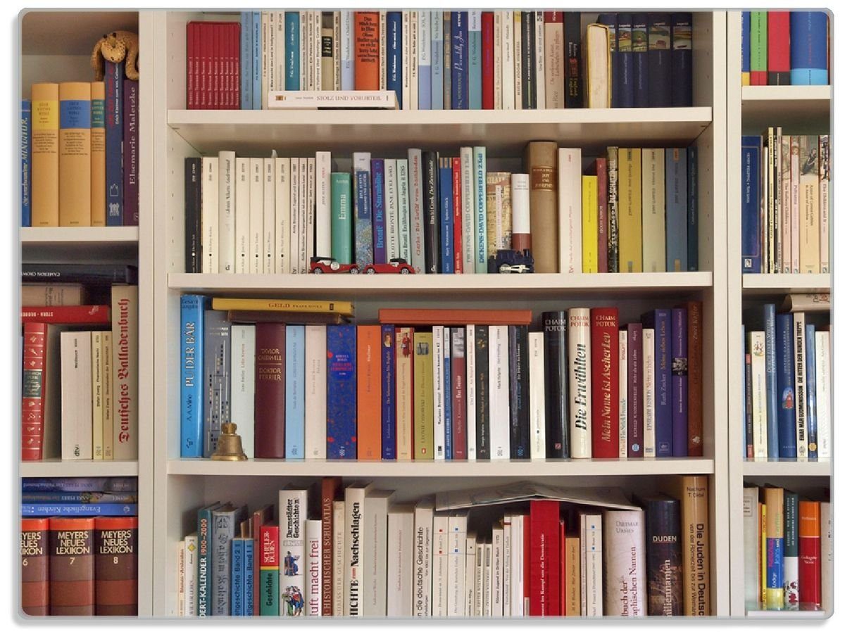 Wallario Schneidebrett Weißes Bücherregal mit unterschiedlichen Büchern, ESG-Sicherheitsglas, (inkl. rutschfester Gummifüße 4mm, 1-St), 30x40cm | Schneidebretter