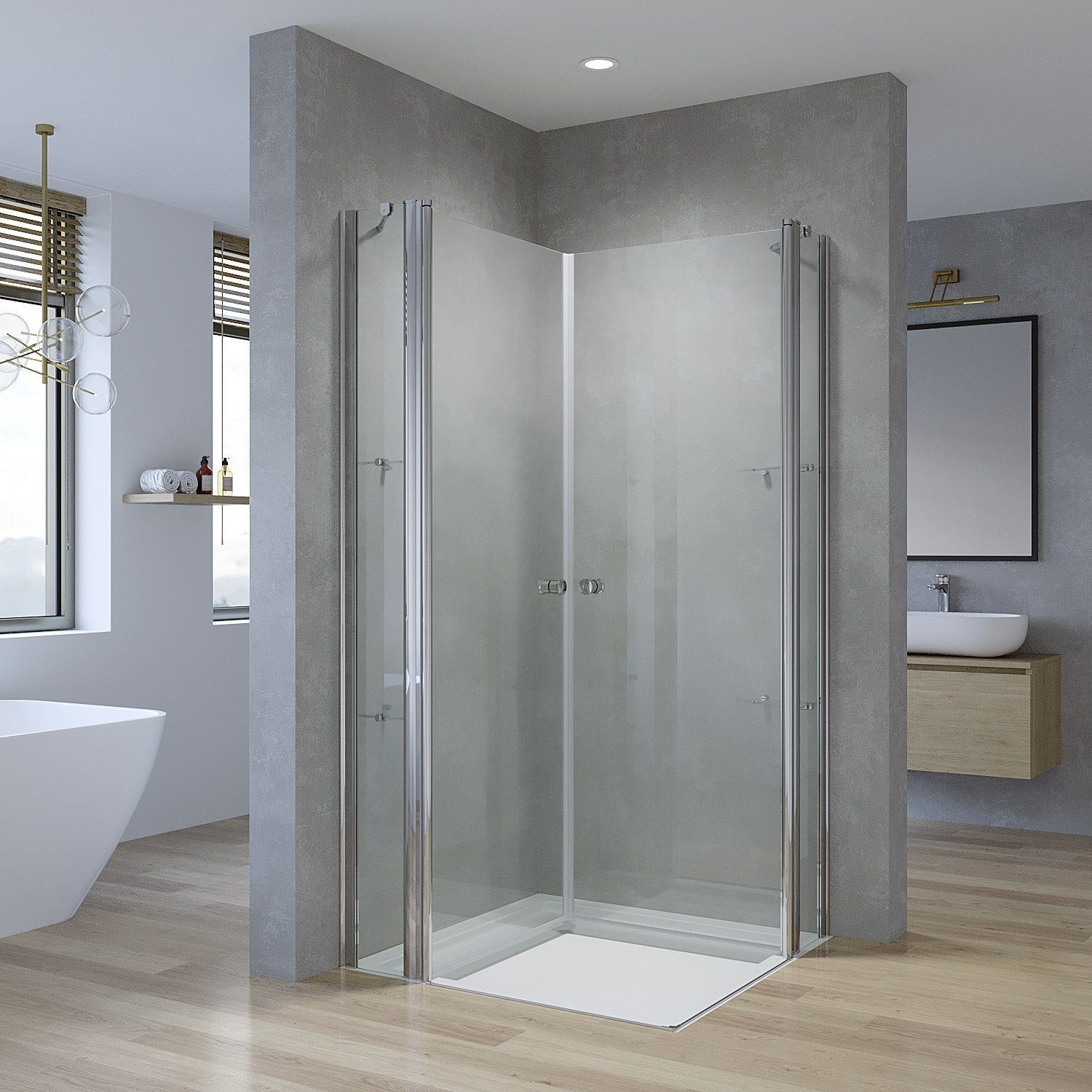 Thumbnail - AQUALAVOS Eckdusche Duschkabine Eckeinstieg Schwingtüren Glas Eckduschwand mit Eckablage, BxT: 90x90 cm, 5 mm Einscheibe...
