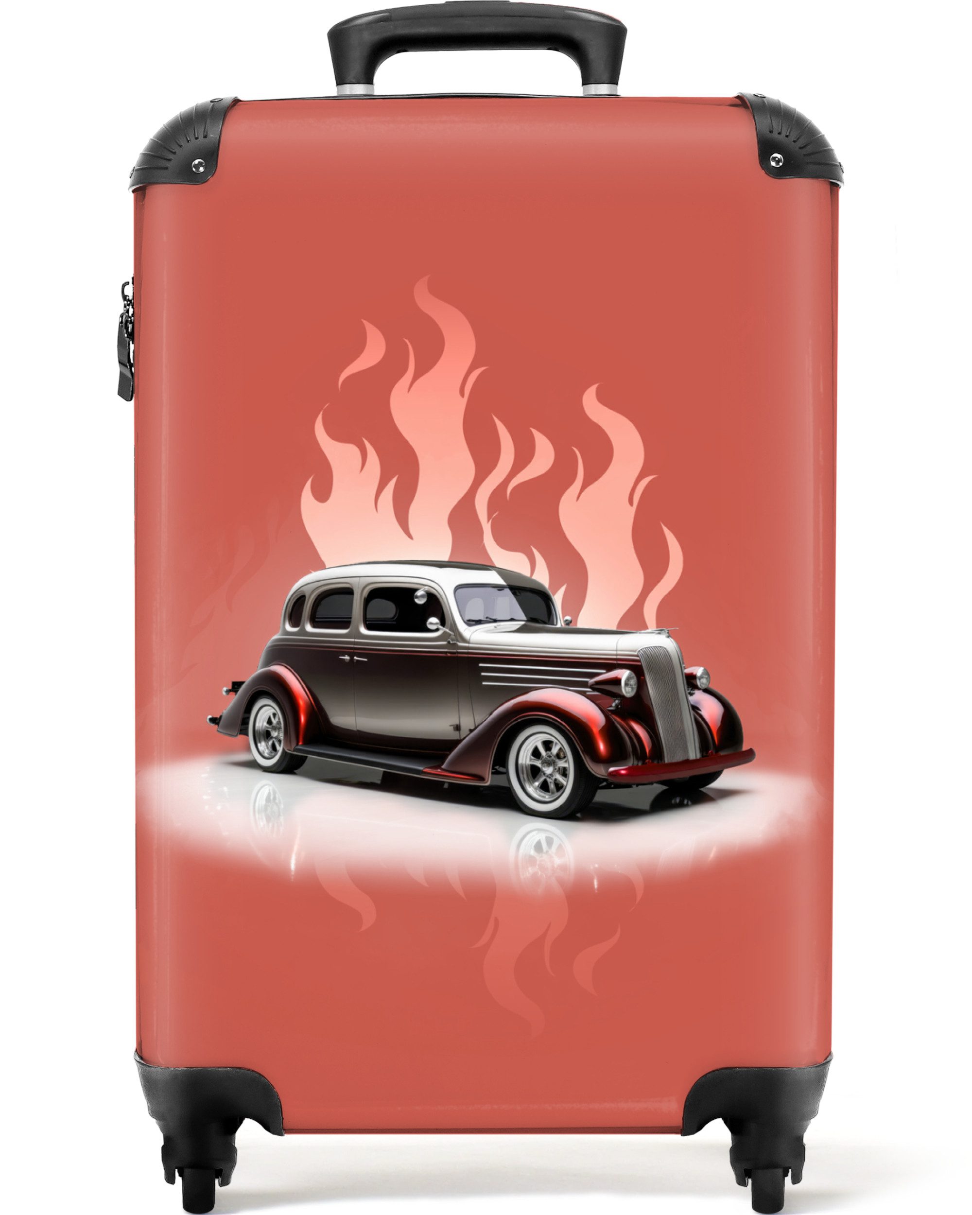 NoBoringSuitcases.com© Kinderkoffer Auto - Rosa - Vintage - Flammen 55x35x20cm, Handgepäck Koffer, Hartschalenkoffer Kinder, Reisekoffer Jungen