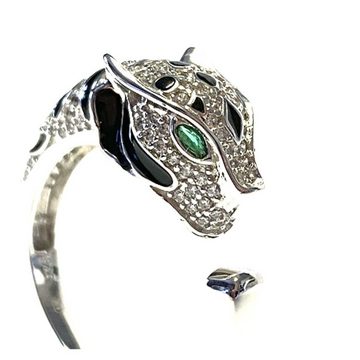 Edelschmiede925 Siegelring Panther Silberring 925 mit grünen Augen (Zirkonia) ausgefallen #58