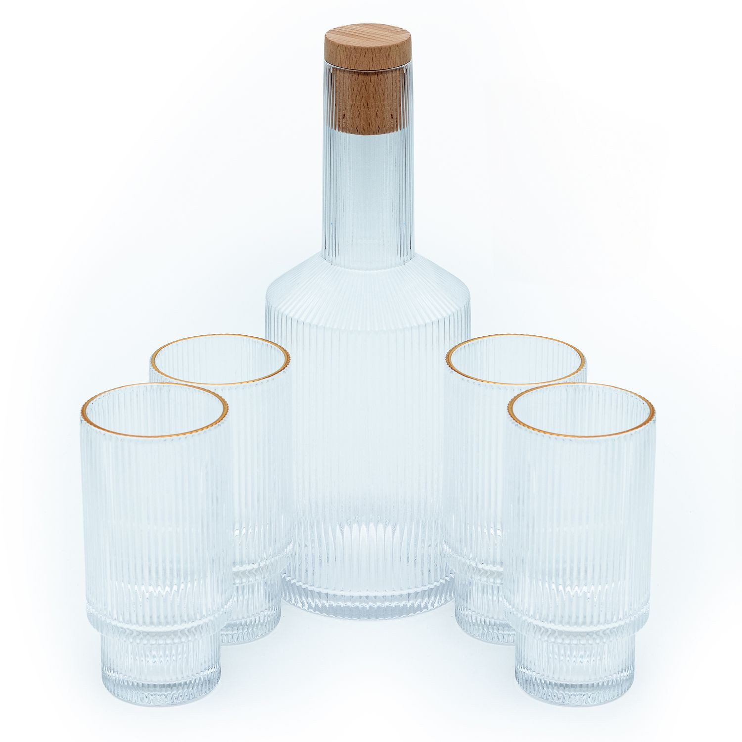 Intirilife Karaffe Karaffe Krug Glas mit Korken goldenen Rand für Wasser Eistee Wein, (Set, 5-tlg., 1x Glaskaraffe mit Korken, 4 Gläser), Glaskaraffen Set Karaffe mit Korken und 4 Gläsern mit goldenem Rand