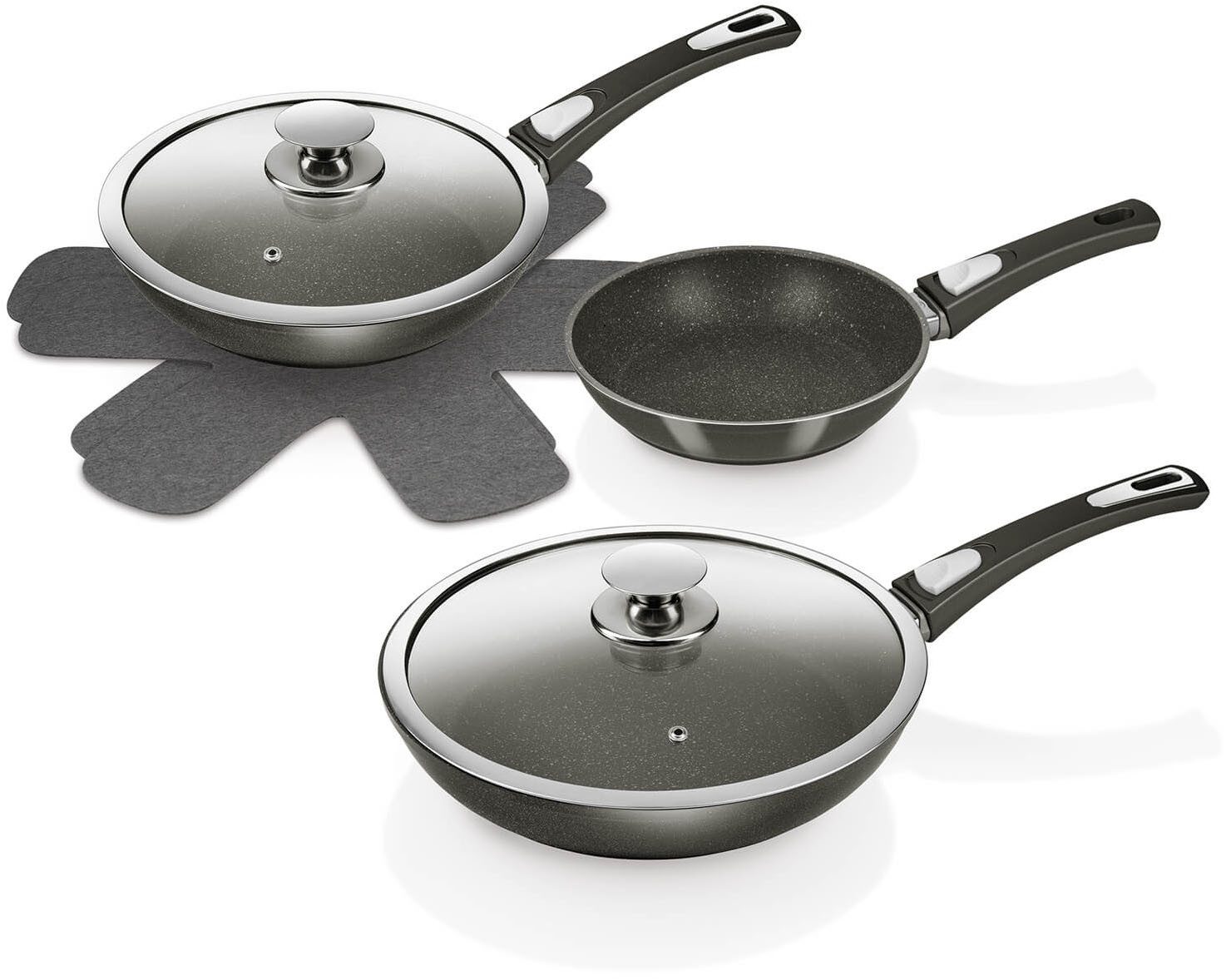 Genius Pfannen-Set Bonafit Ø 20, 24, 28 cm, inkl. Rainbow Schwämme, Set 9-tlg., Edelstahl 18/10 (Set, 9-tlg., Bonafit - Pfannen 20cm, 24cm, 28cm, 2x Deckel, 2x Einleger, 2x Schwamm), abnehmbarer Griff, hitzebeständig, spülmaschinengeeignet