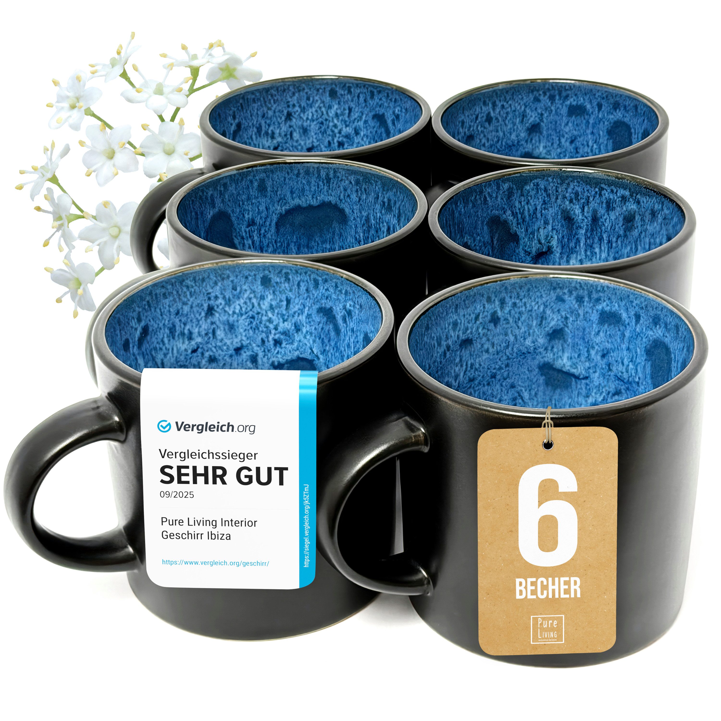 PURE LIVING INTERIOR DESIGN Geschirr-Set Ibiza Becher, 6er-Set, 350 ml, Tiefblau, Steingut (6-tlg), 6 Personen, Steingut