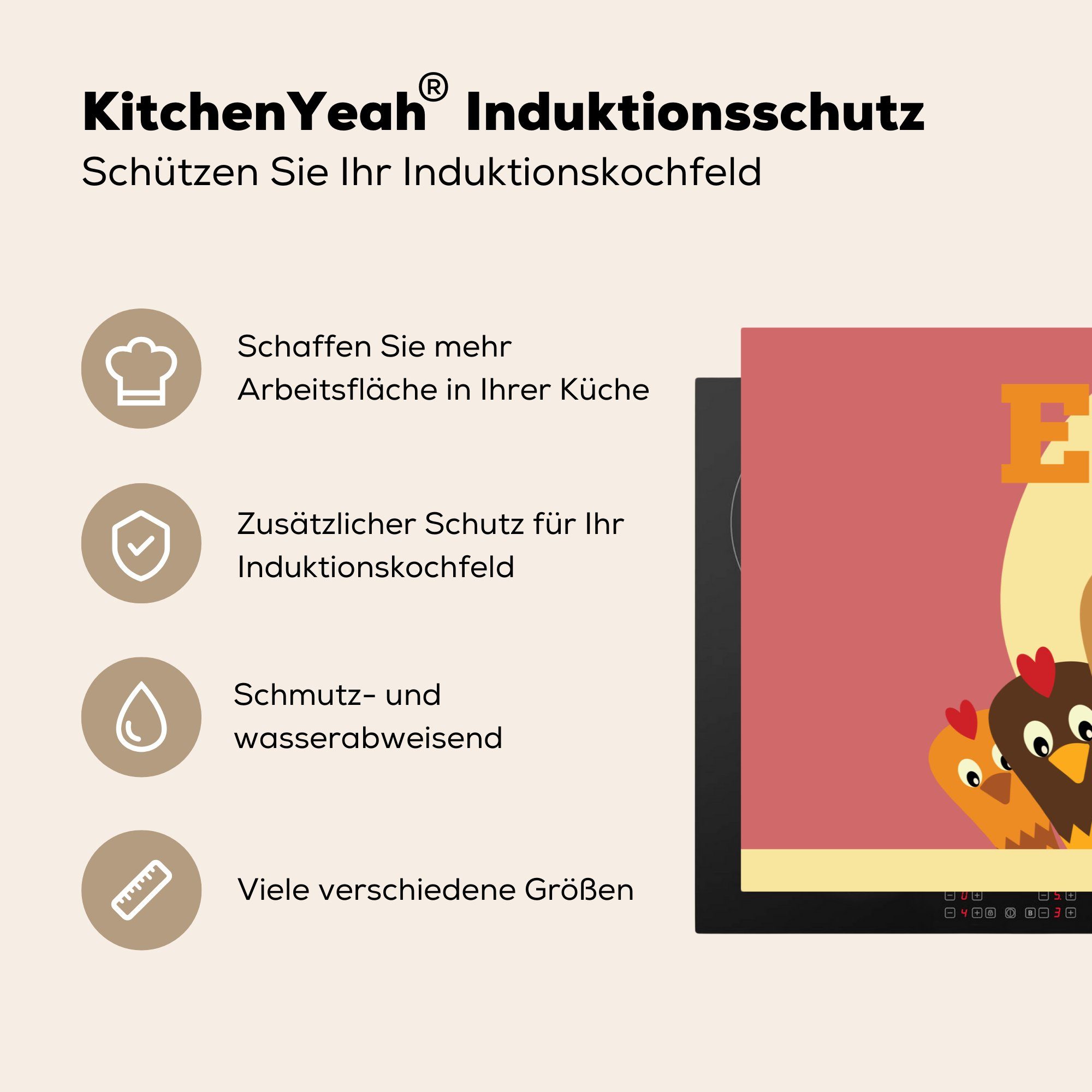 MuchoWow cm, Herdblende-/Abdeckplatte 81x52 Hühner - Induktionskochfeld Vinyl, Retro, für küche, (1 Schutz die Ceranfeldabdeckung - Bauernhof tlg),
